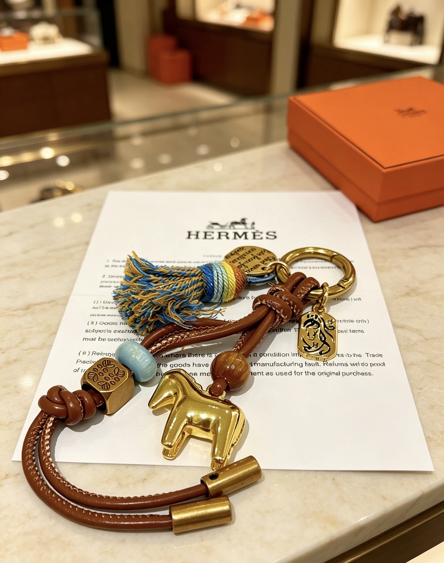 Hermes Caballo Borla Bolsa Encanto Llavero colgante tono dorado metal cuero marrón borla multicolor cuenta azul claro cuenta de madera marrón 12 cm de longitud total