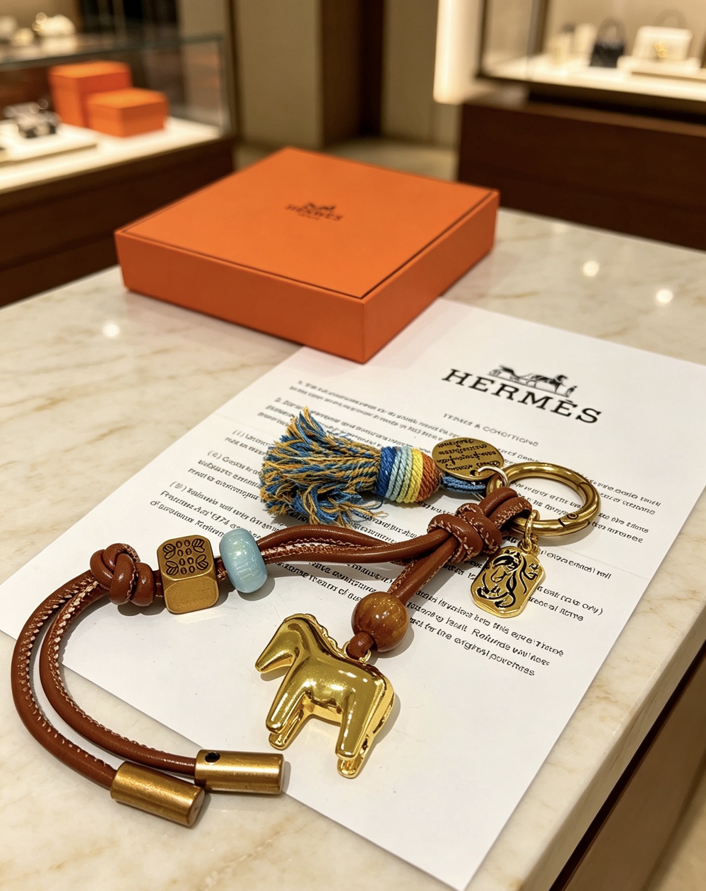 Hermes Caballo Borla Bolsa Encanto Llavero colgante tono dorado metal cuero marrón borla multicolor cuenta azul claro cuenta de madera marrón 12 cm de longitud total