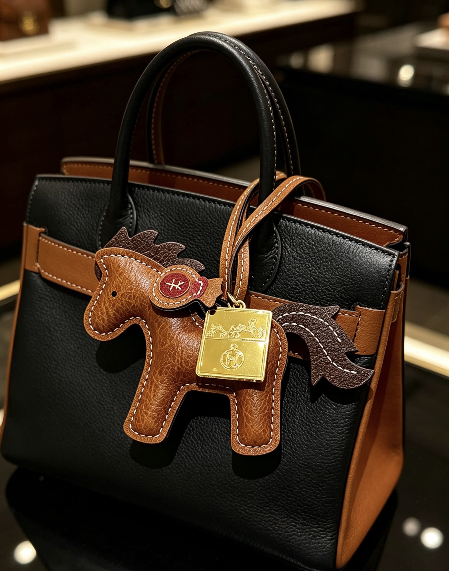 Ciondolo per borsa Hermes Rodeo Pegase Horse con pendente Ex-Libris in oro Pelle marrone in metallo color oro con coda di criniera marrone scuro accento in pelle bordeaux cuciture a contrasto bianche Lunghezza cinturino 12 cm