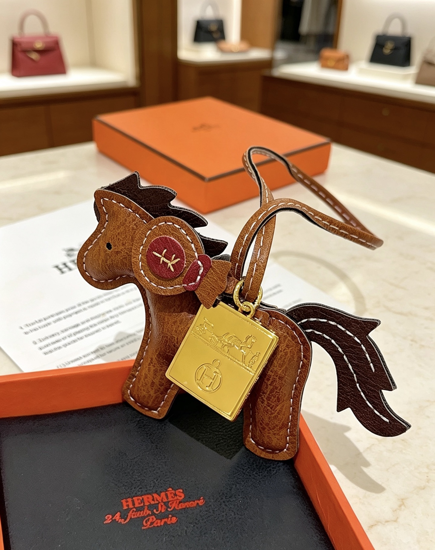 Ciondolo per borsa Hermes Rodeo Pegase Horse con pendente Ex-Libris in oro Pelle marrone in metallo color oro con coda di criniera marrone scuro accento in pelle bordeaux cuciture a contrasto bianche Lunghezza cinturino 12 cm
