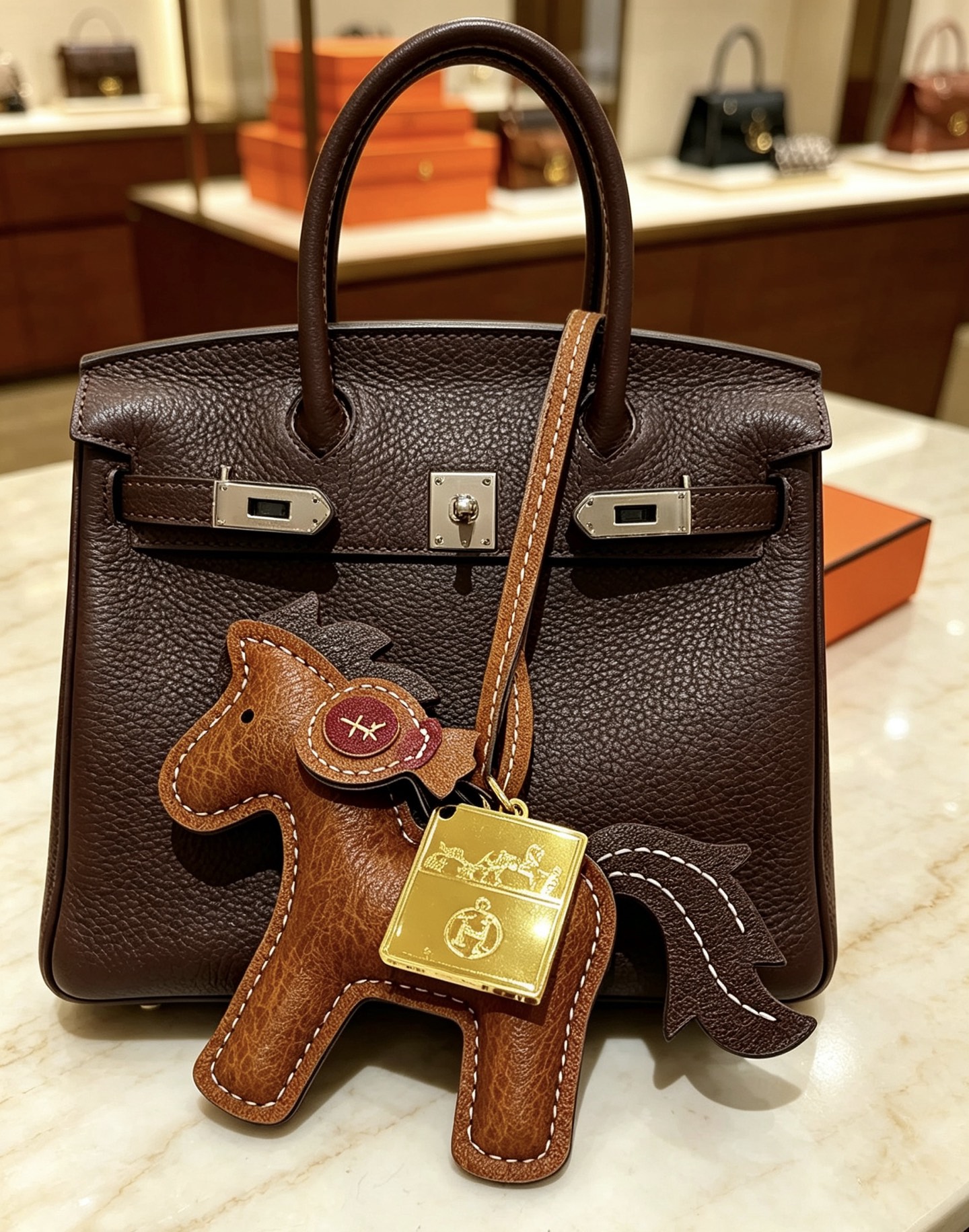Ciondolo per borsa Hermes Rodeo Pegase Horse con pendente Ex-Libris in oro Pelle marrone in metallo color oro con coda di criniera marrone scuro accento in pelle bordeaux cuciture a contrasto bianche Lunghezza cinturino 12 cm