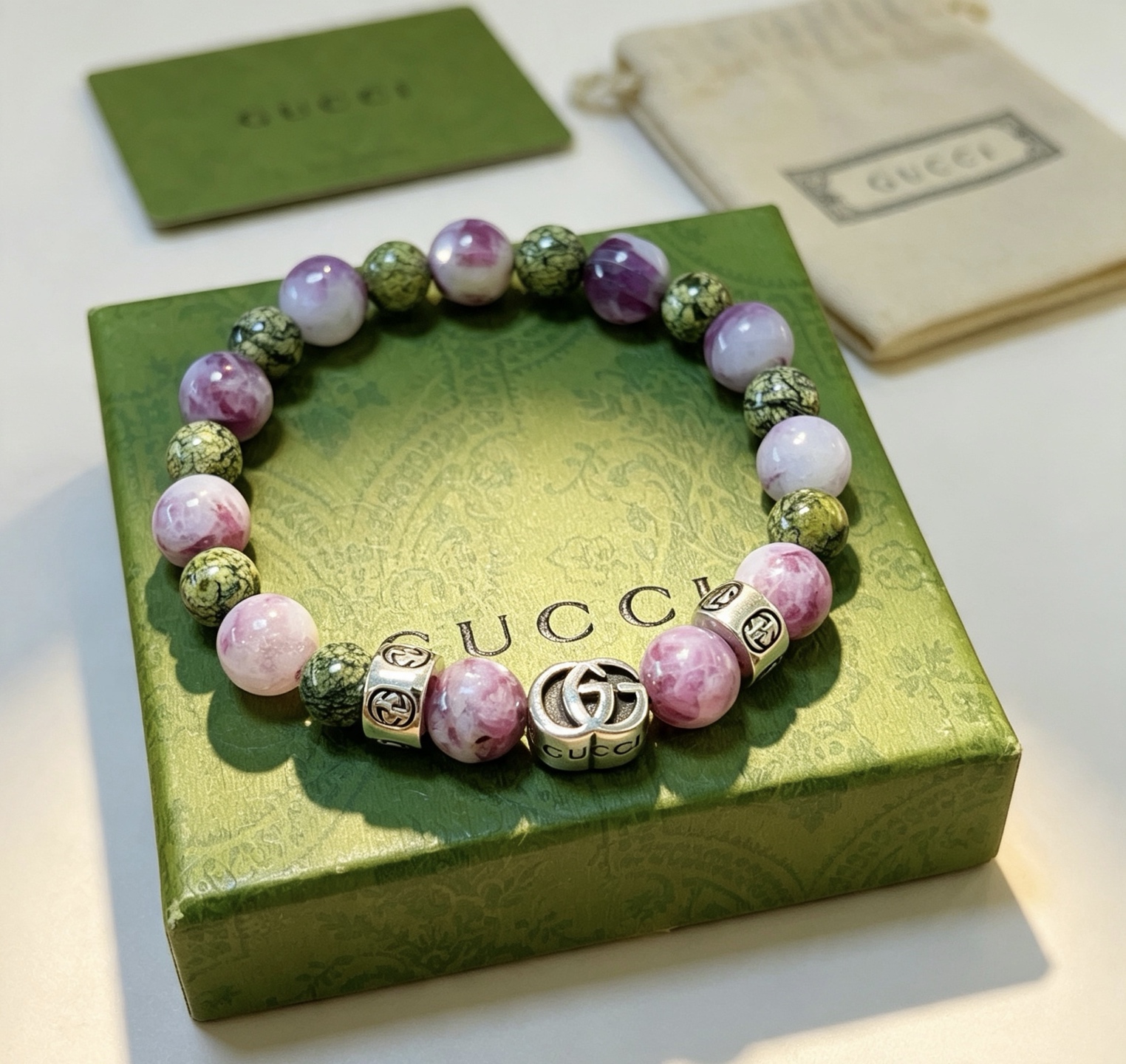 Gucci Anger Forest bracelet Aged silver metal with purple and green gemstone beads 18cm