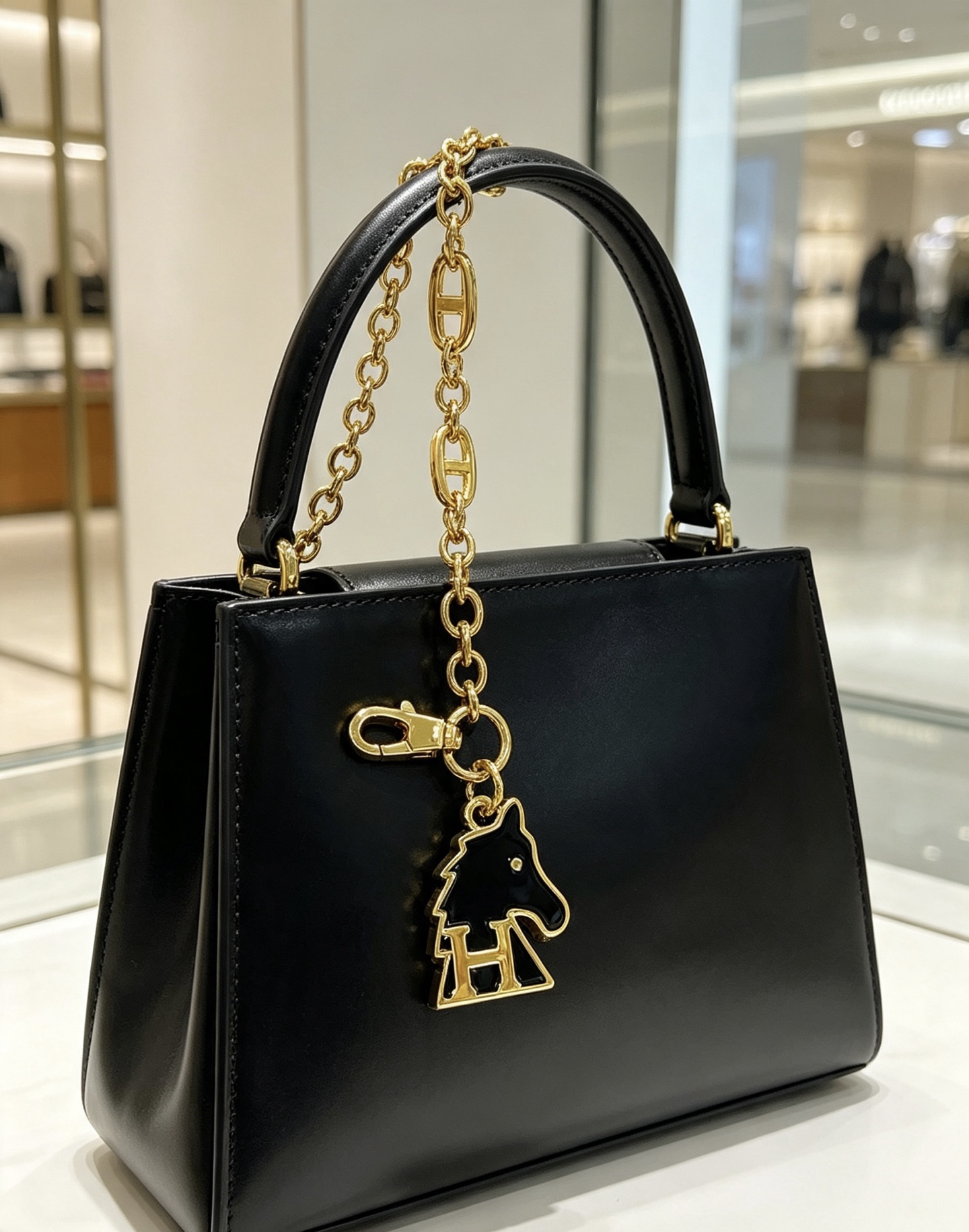 Hermes Cheval H Bag Charm Chain pendant gold-tone metal with black enamel 16cm chain length
