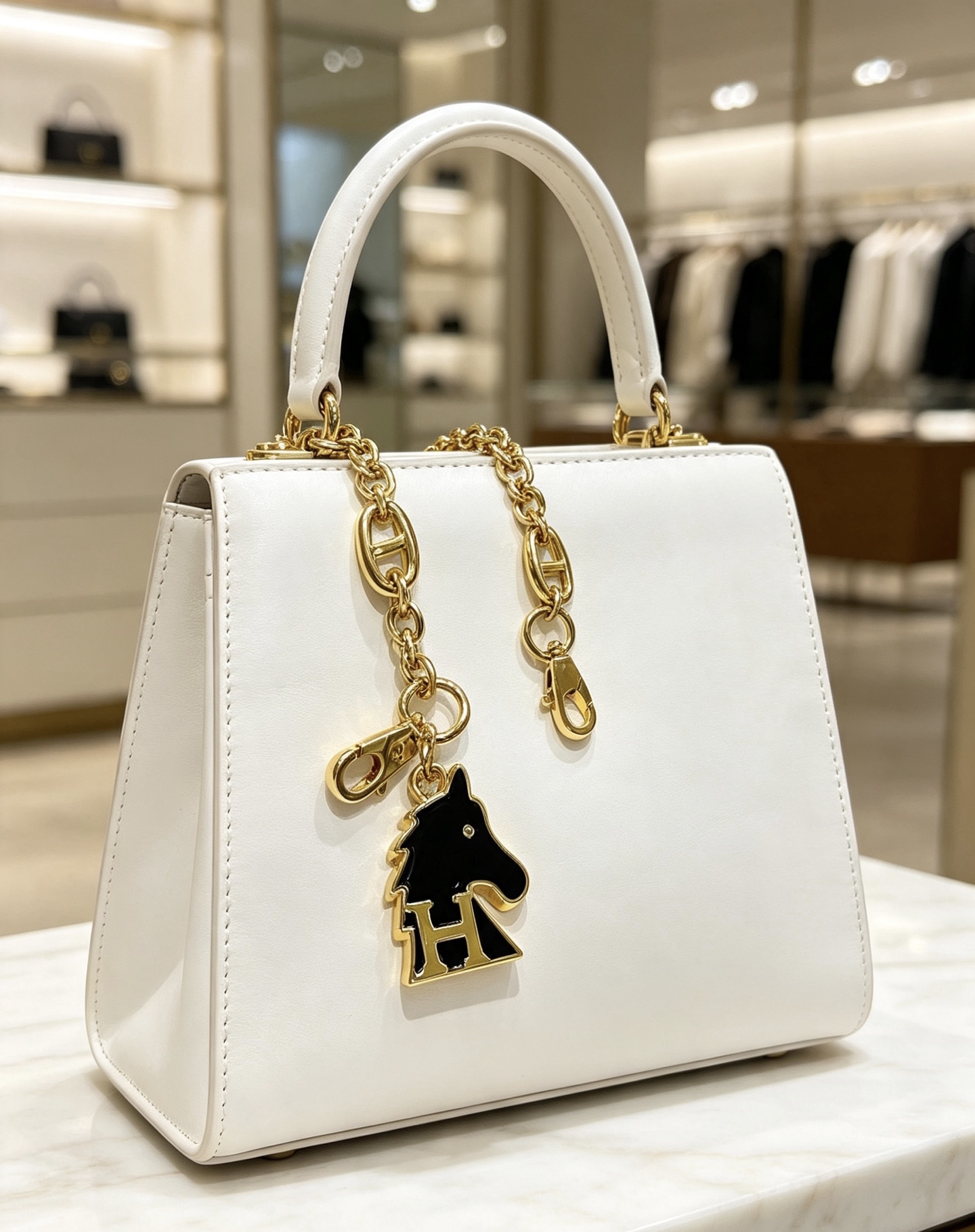 Hermes Cheval H Bag Charm Chain pendant gold-tone metal with black enamel 16cm chain length
