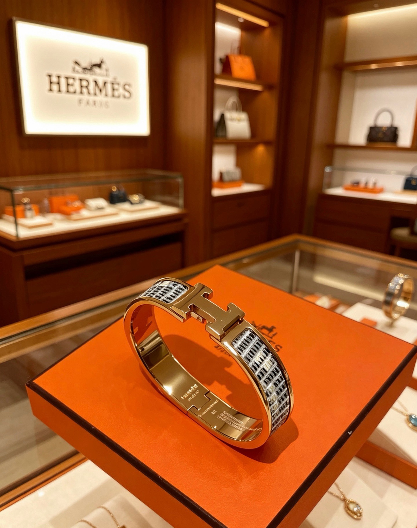 Bracelet Hermes Clic H Métal doré rose émail damier gris et blanc PM