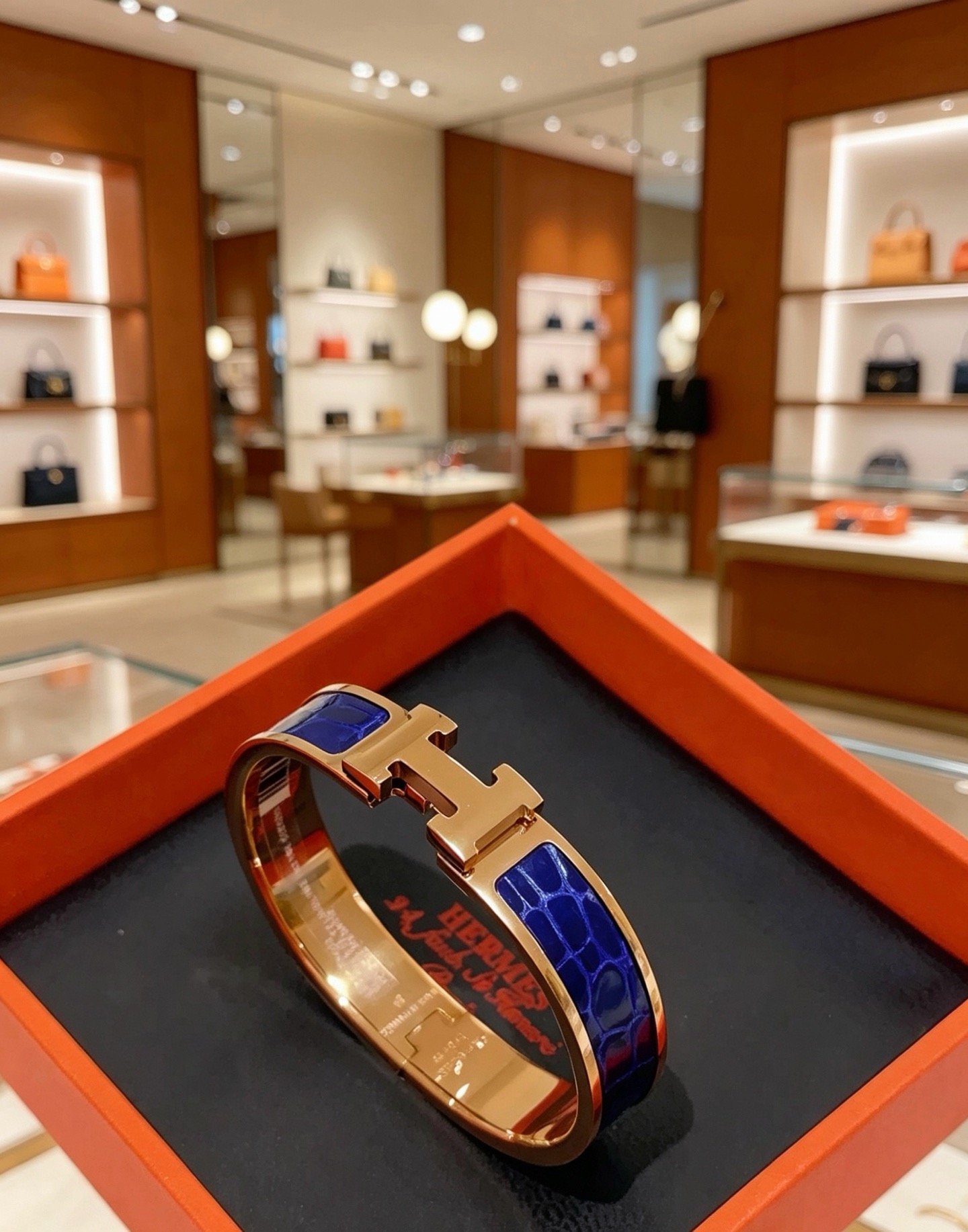 Hermes Clic H bracelet rose gold metal with deep blue crocodile-embossed enamel PM