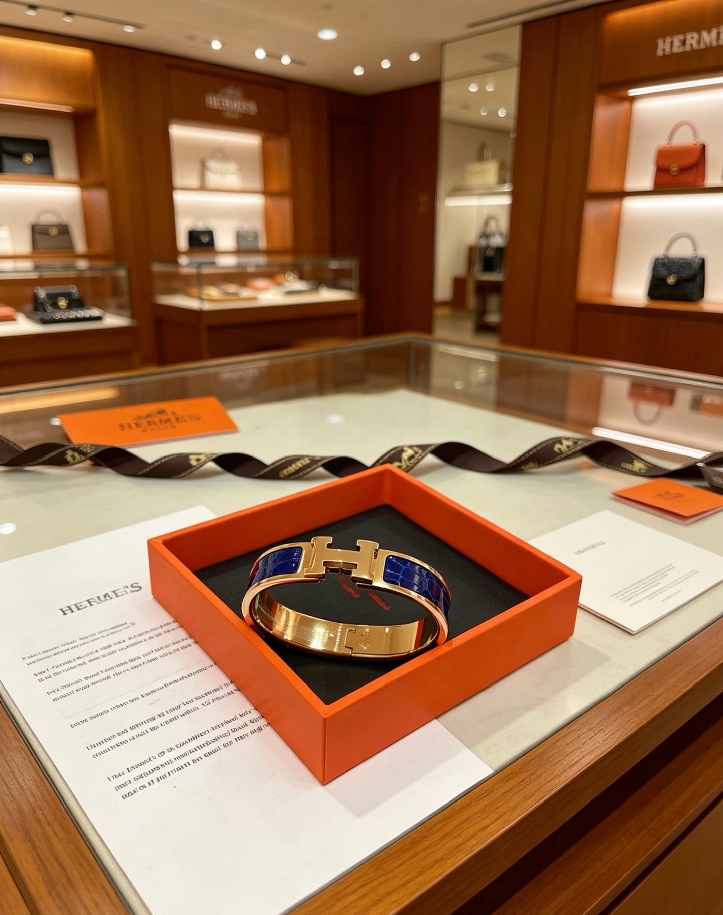 Hermes Clic H bracelet rose gold metal with deep blue crocodile-embossed enamel PM