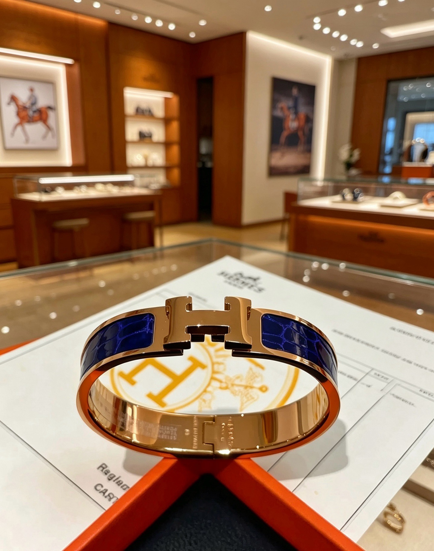 Hermes Clic H bracelet rose gold metal with deep blue crocodile-embossed enamel PM
