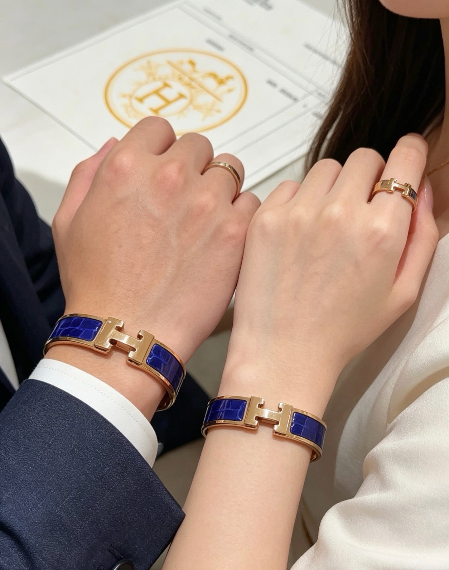 Hermes Clic H bracelet rose gold metal with deep blue crocodile-embossed enamel PM