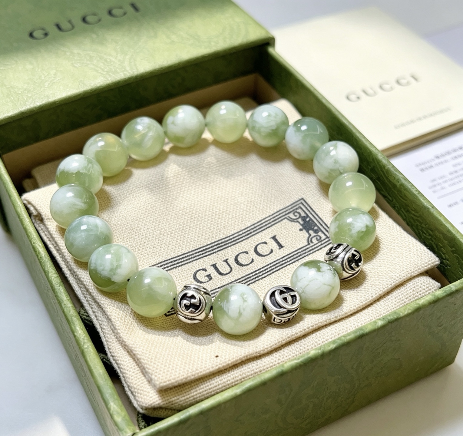 Gucci Anger Forest Beaded Bracelet bracelet Antique silver-toned metal light green and white marbled natural stone beads 18cm