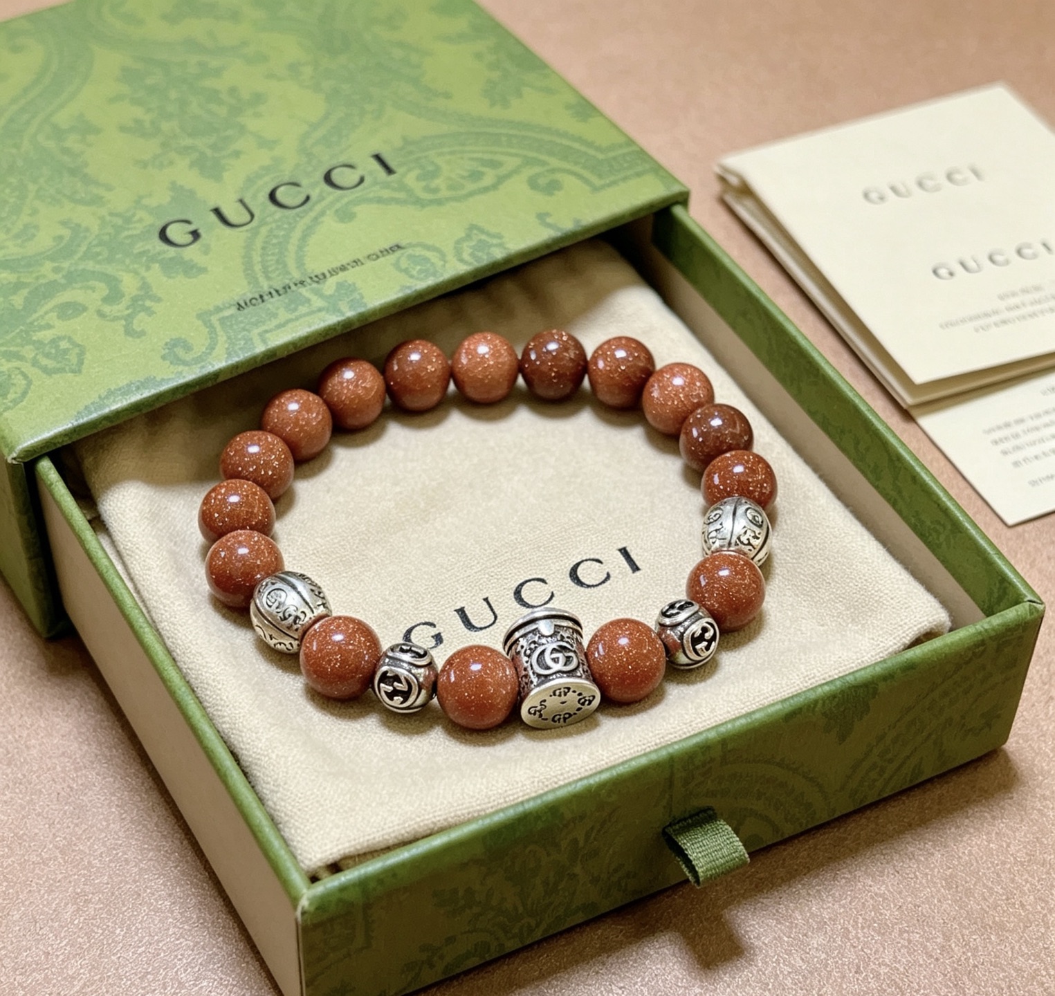 Gucci Anger Forest bracelet Aged silver metal reddish-brown goldstone beads 18cm
