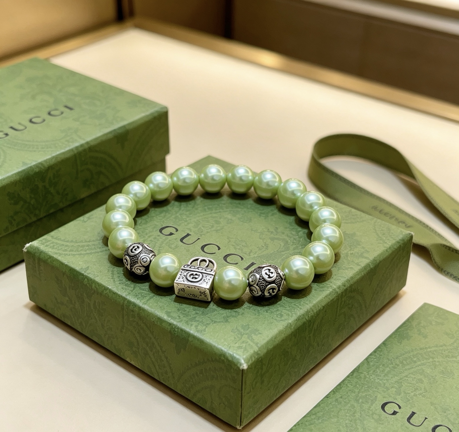 Gucci Anger Forest bracelet antique silver metal light green pearl 18cm