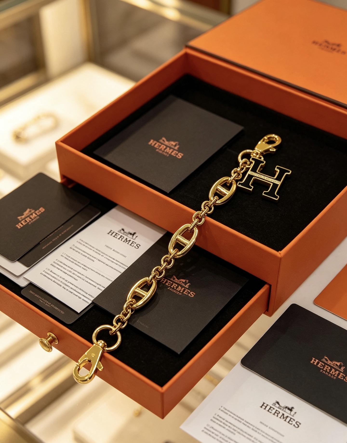 Hermes H Logo Chaine d Ancre Bag Charm Keychain pendant Gold-tone metal with black enamel and clear crystal accents 16cm