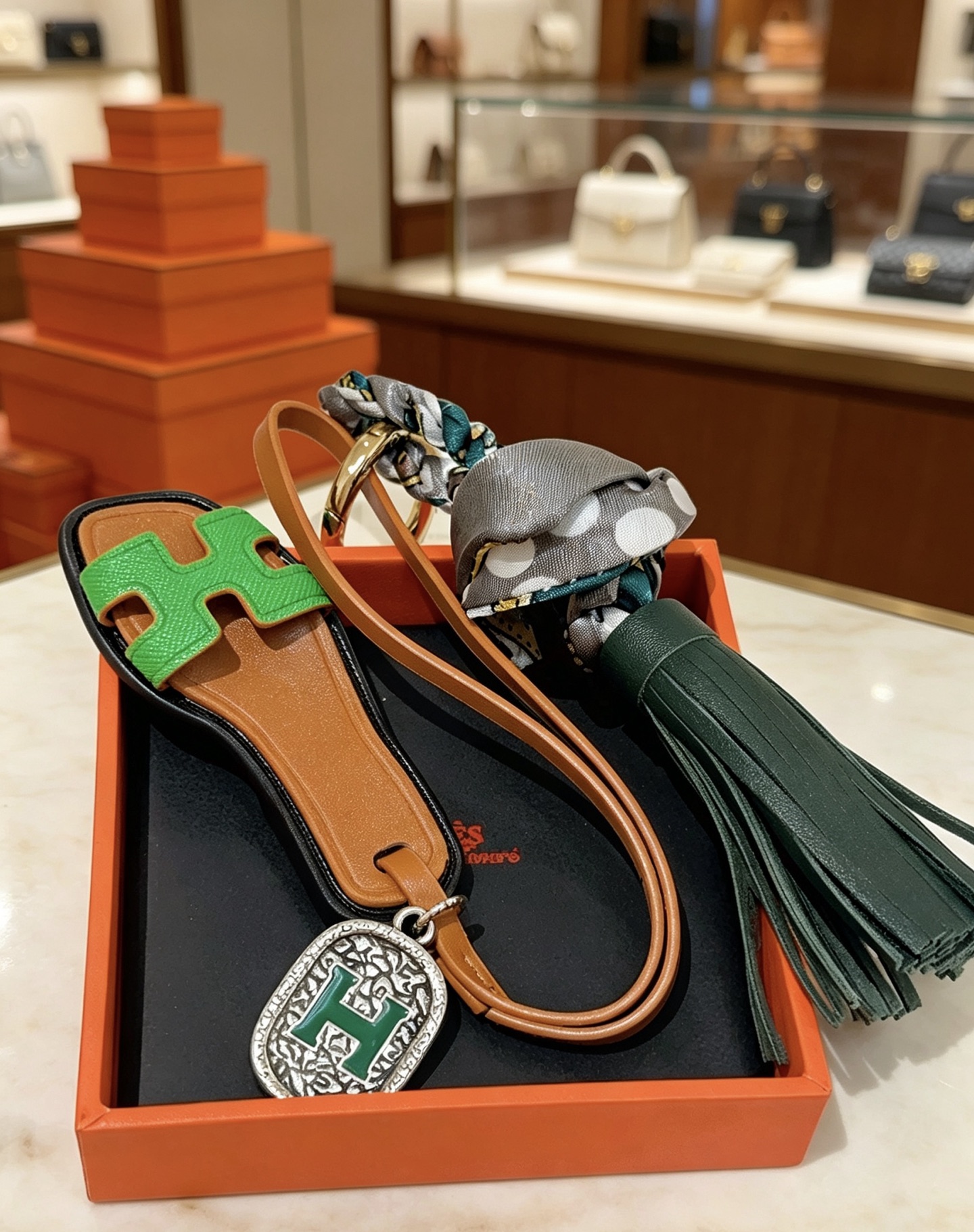 Hermes Oran Sandália Tassel Bag Pingente com pingente de metal dourado couro bronzeado couro verde brilhante couro verde escuro cinza bolinhas seda metal prateado com esmalte verde Detalhe H 12 cm de comprimento total
