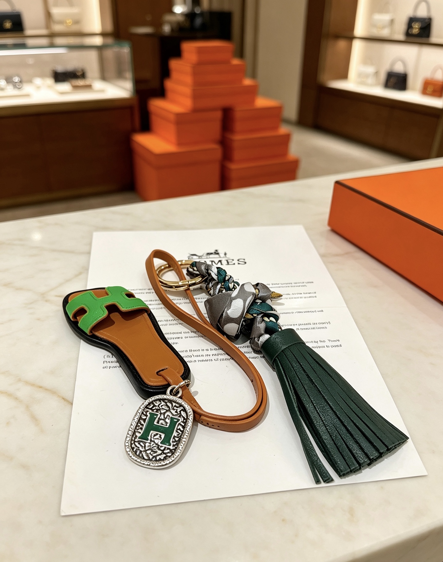 Hermes Oran Sandália Tassel Bag Pingente com pingente de metal dourado couro bronzeado couro verde brilhante couro verde escuro cinza bolinhas seda metal prateado com esmalte verde Detalhe H 12 cm de comprimento total