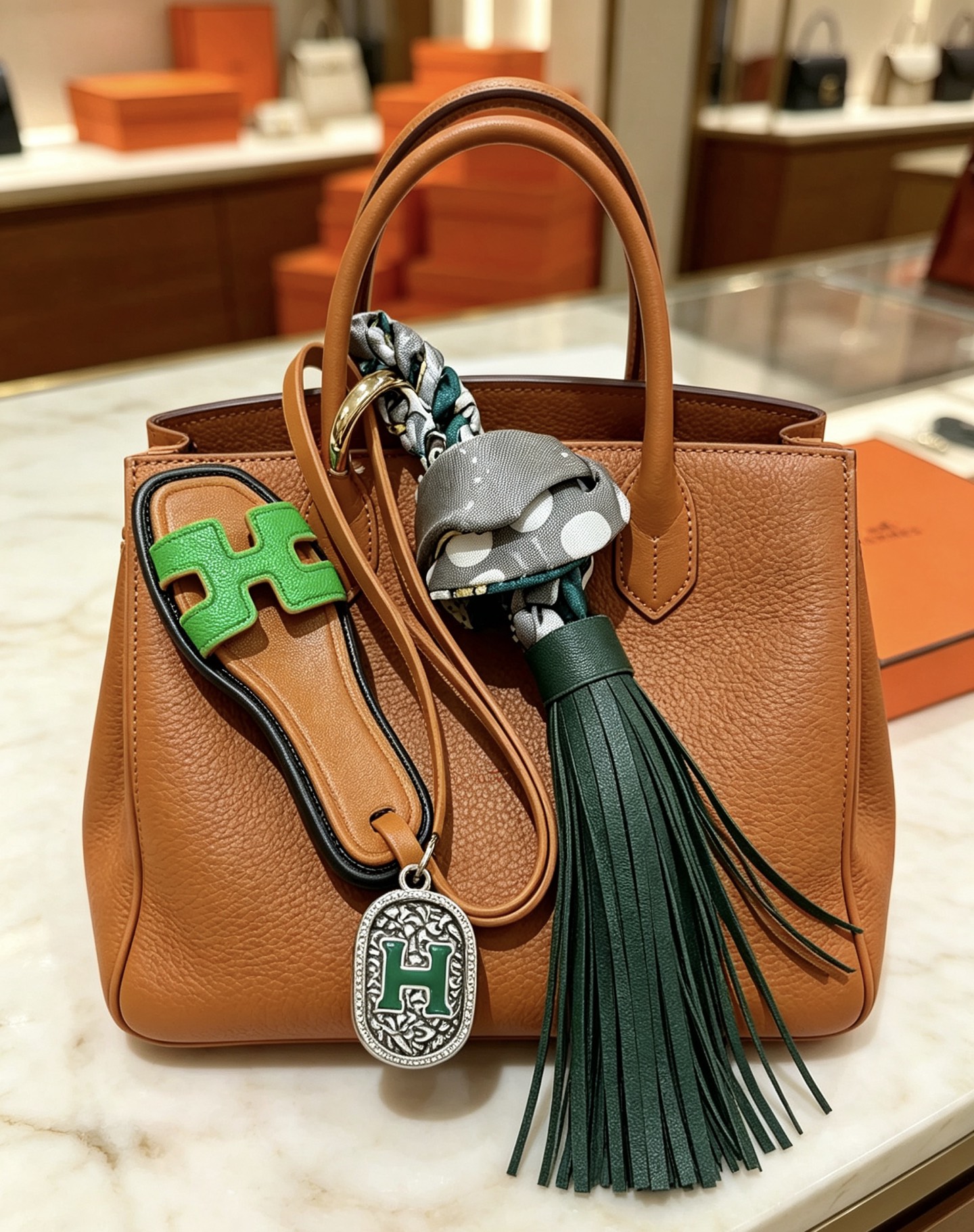 Hermes Oran Sandália Tassel Bag Pingente com pingente de metal dourado couro bronzeado couro verde brilhante couro verde escuro cinza bolinhas seda metal prateado com esmalte verde Detalhe H 12 cm de comprimento total