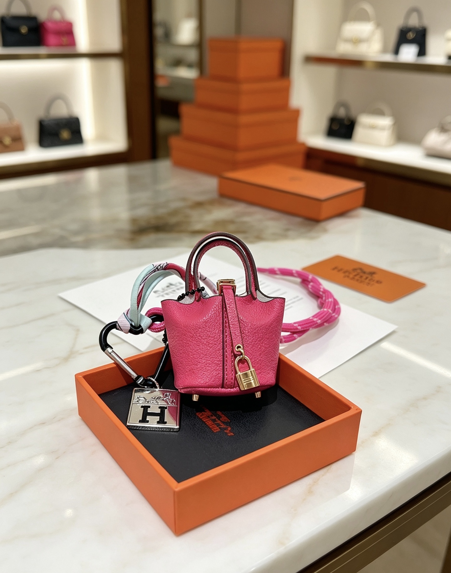 Hermes Mini Picotin Bag Charm with H Logo Tag pendant Hot pink grained leather with gold-tone hardware silver-tone H logo tag black carabiner multicolor braided strap black beaded chain Total length 12cm