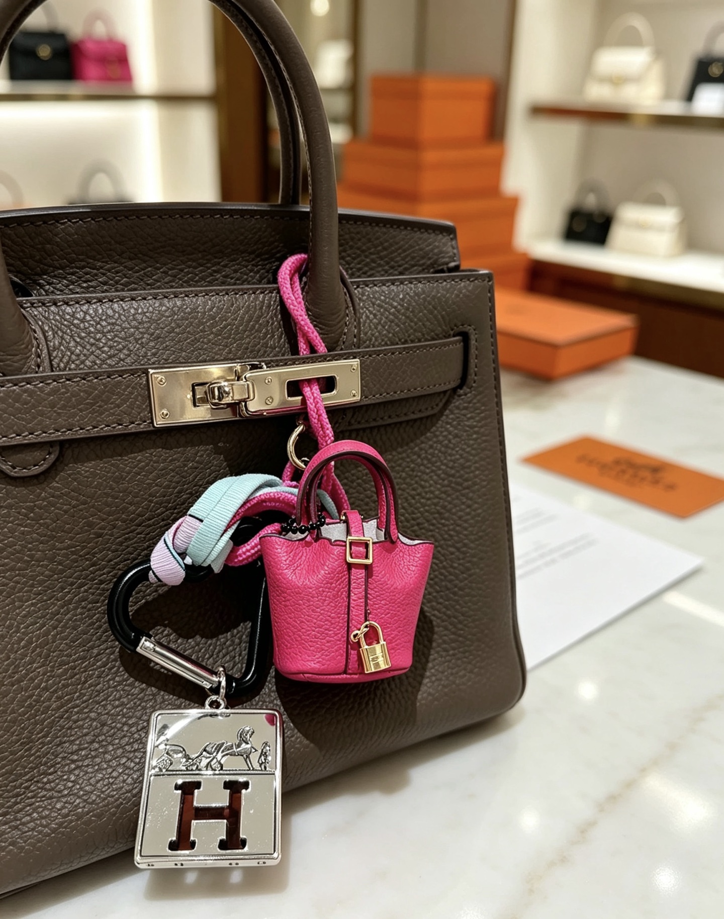 Hermes Mini Picotin Bag Charm with H Logo Tag pendant Hot pink grained leather with gold-tone hardware silver-tone H logo tag black carabiner multicolor braided strap black beaded chain Total length 12cm