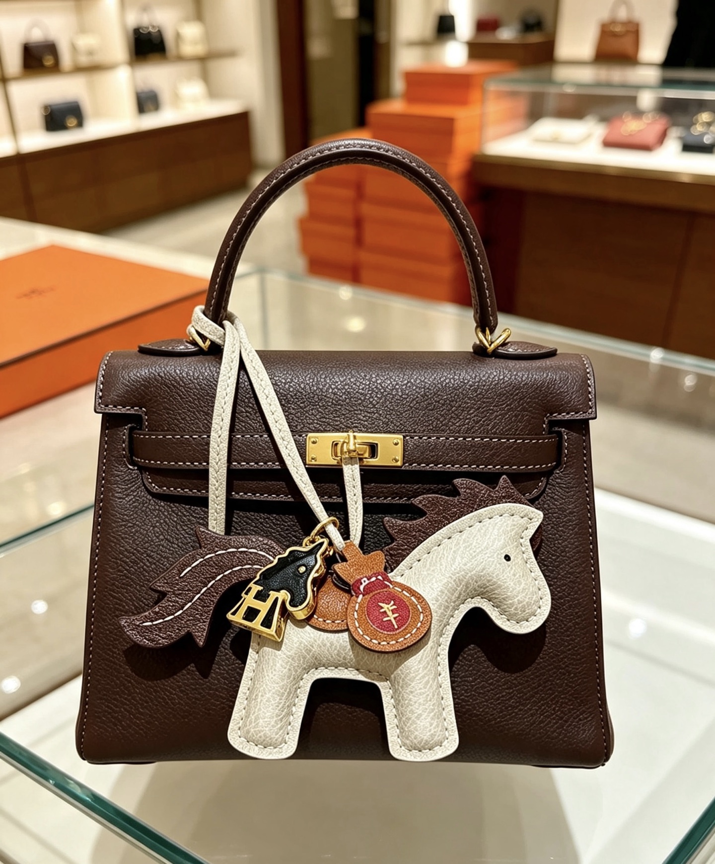 Hermes Rodeo Pegase Horse Bag Charm pendant Light gray grained leather with dark brown leather mane tail tan leather saddle gold-tone metal hardware black enamel H horse charm burgundy leather money bag charm 8cm charm with 12cm leather strap