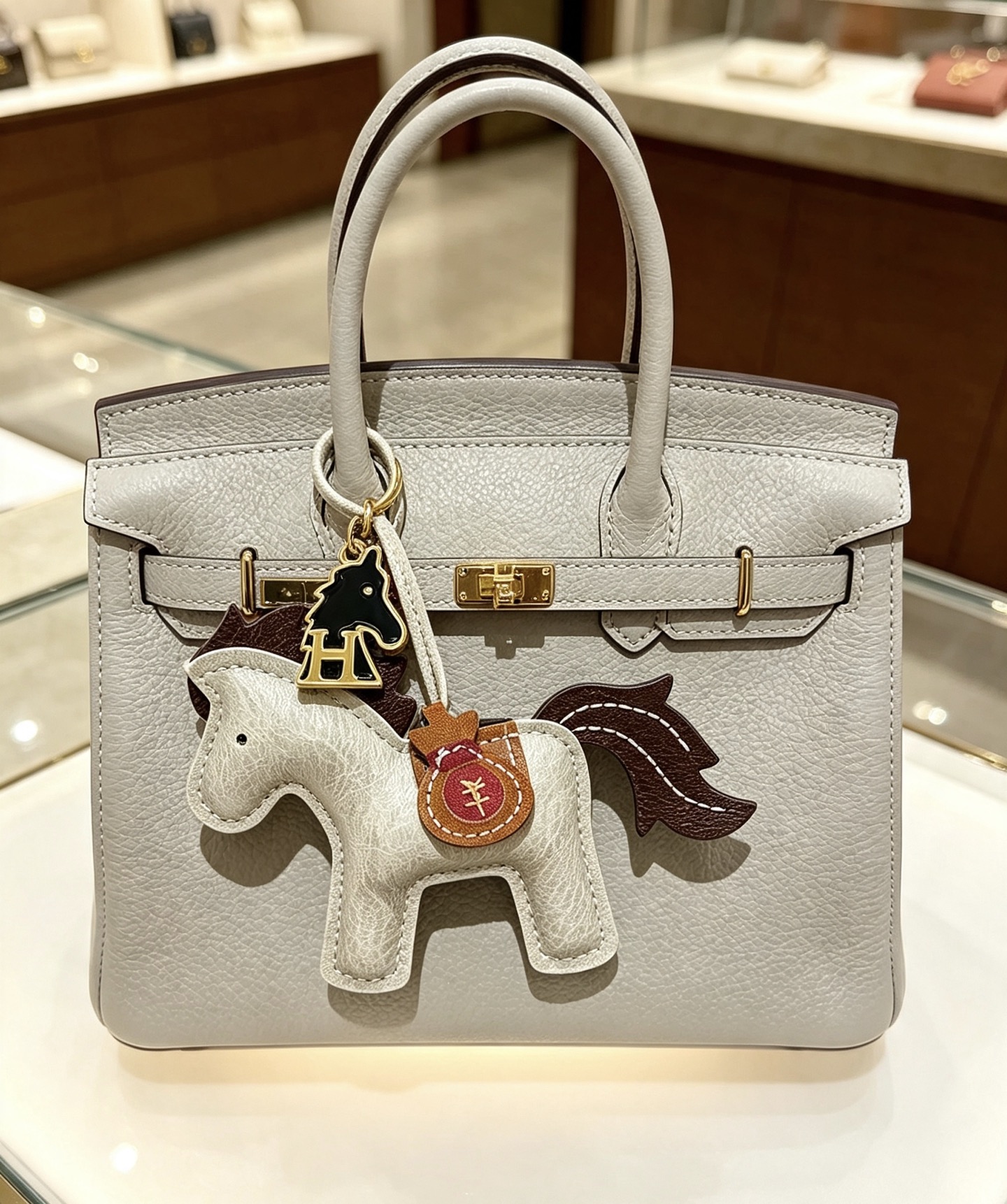 Hermes Rodeo Pegase Horse Bag Charm colgante Cuero granulado gris claro con cola de melena de cuero marrón oscuro Silla de montar de cuero color canela Herrajes de metal en tono dorado Esmalte negro H Charm de caballo Charm para bolsa de dinero de cuero burdeos Charm de 8 cm con correa de cuero de 12 cm