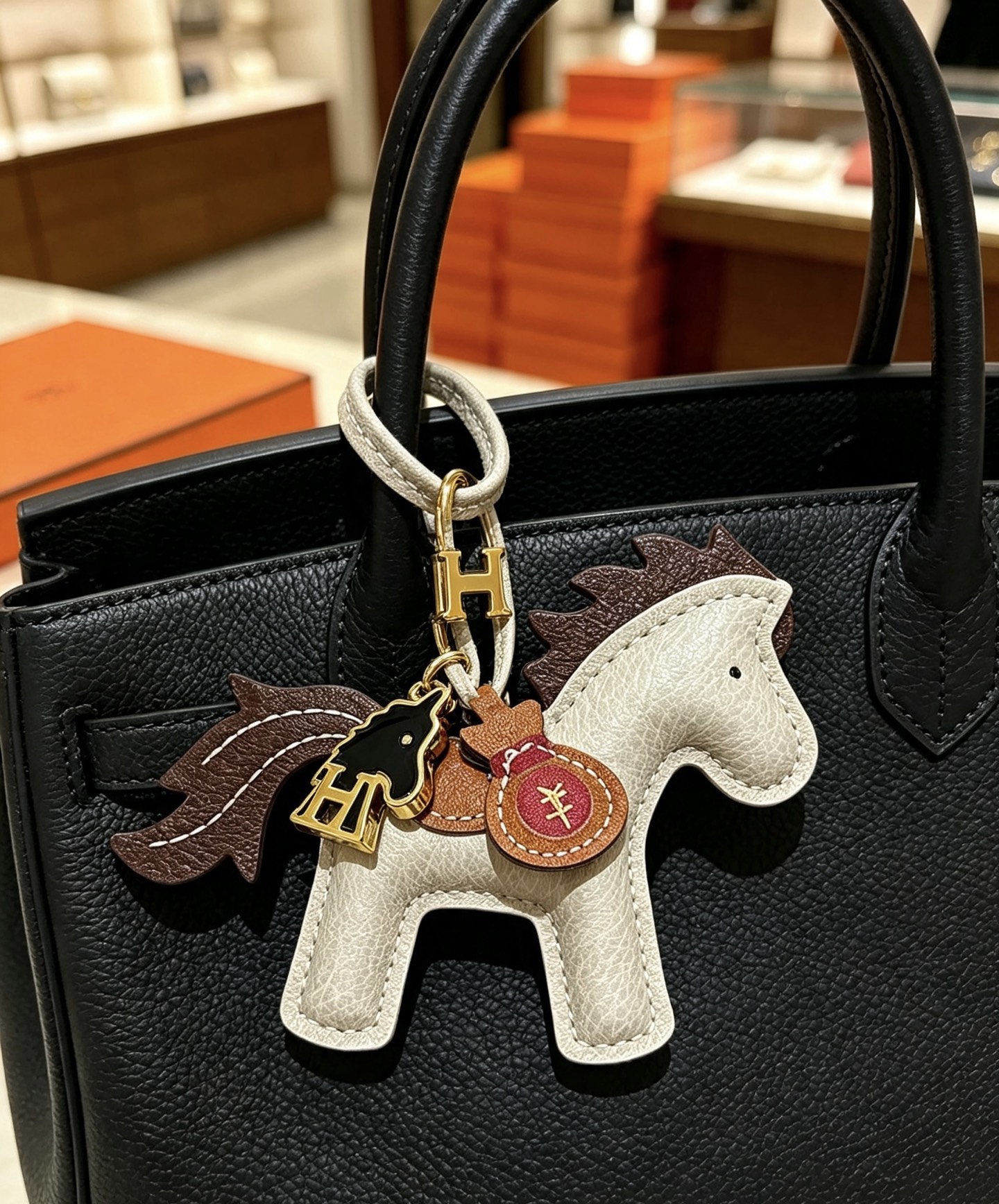 Hermes Rodeo Pegase Horse Bag Charm pendant Light gray grained leather with dark brown leather mane tail tan leather saddle gold-tone metal hardware black enamel H horse charm burgundy leather money bag charm 8cm charm with 12cm leather strap