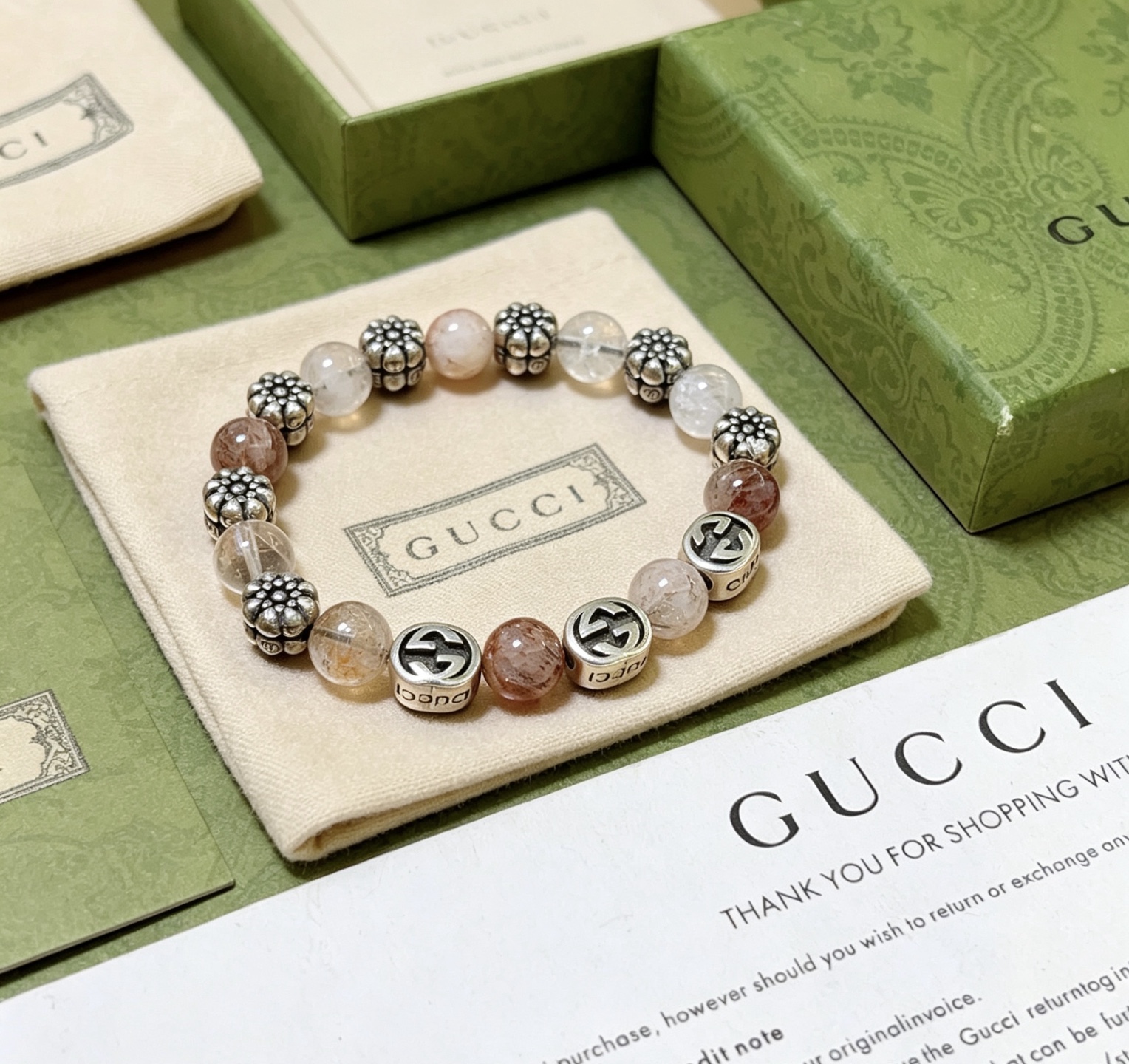Gucci Anger Forest bracelet Aged silver metal with translucent clear light pink and reddish-brown natural stone beads 18cm