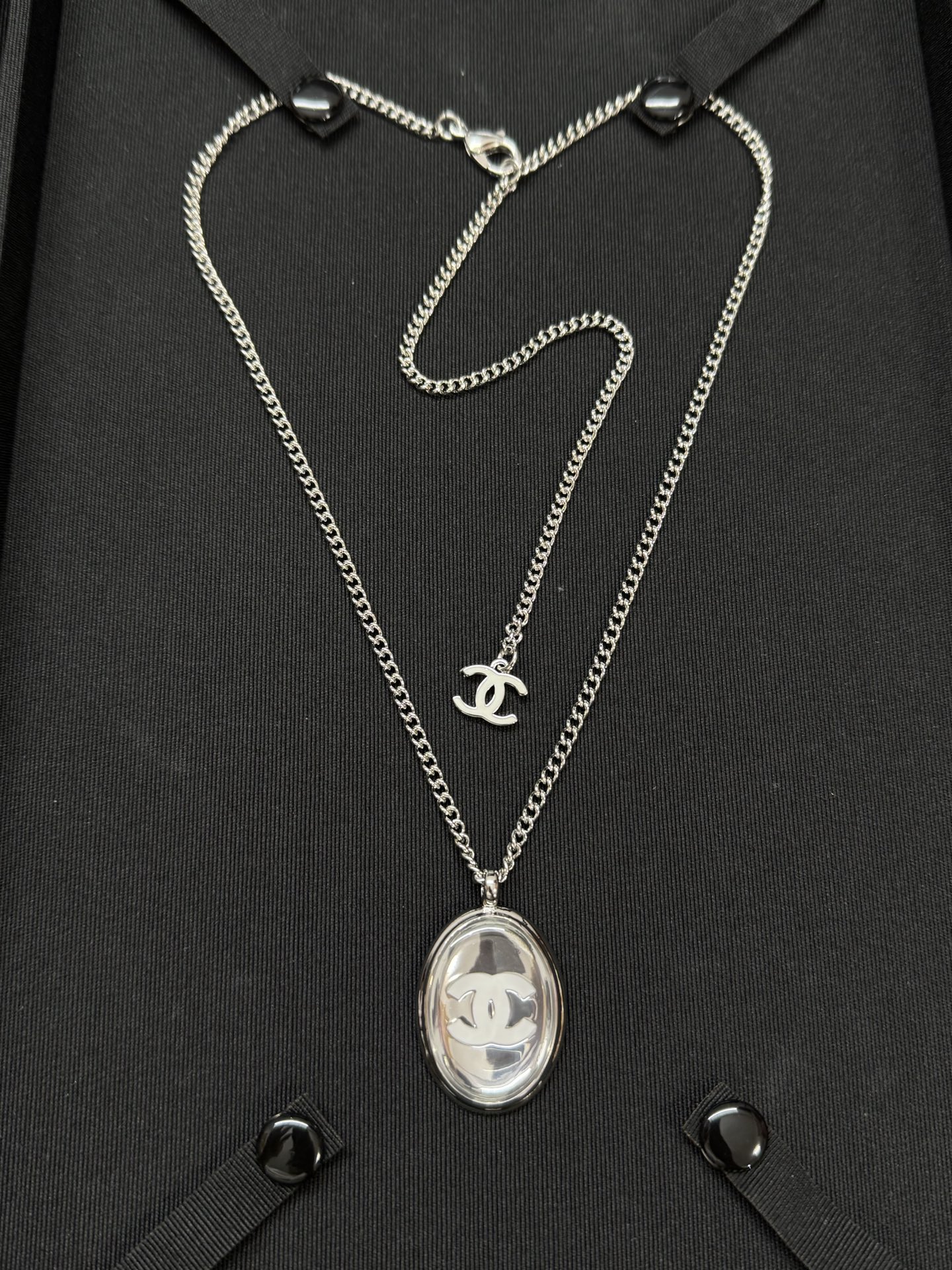 CHANEL Necklace Oval White Double C