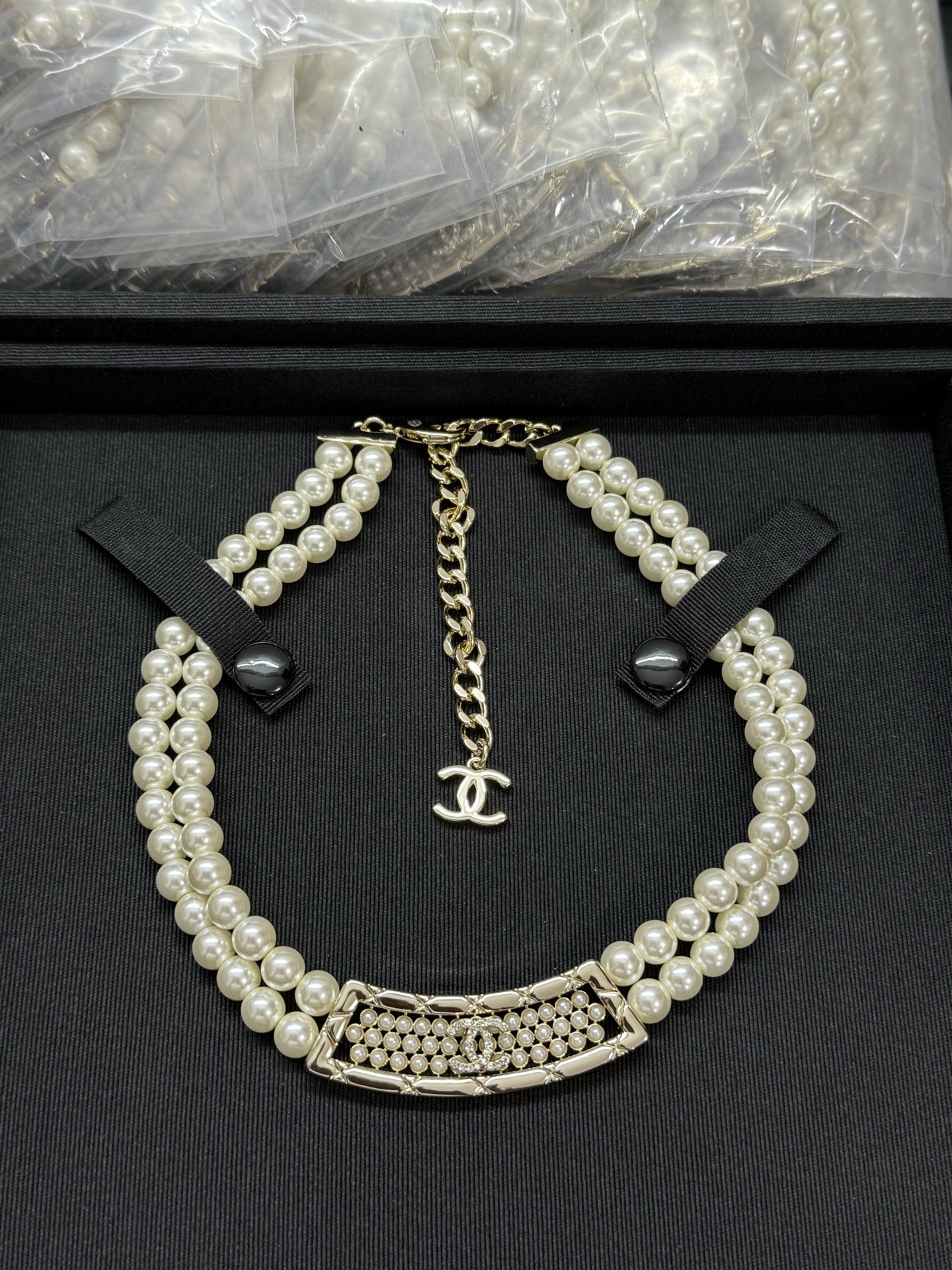 CHANEL Necklace Pearl Double Layer Quilted Pattern Boat-Shaped Clasp