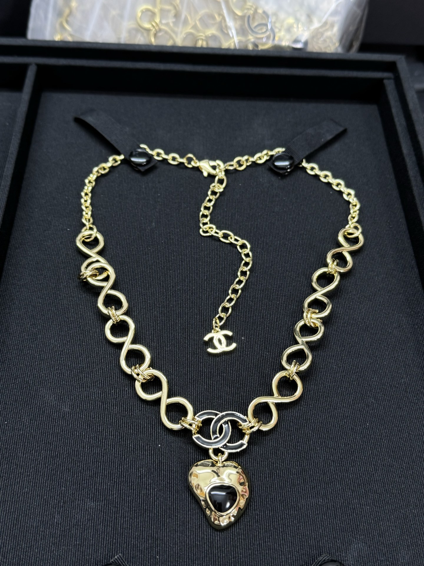 CHANEL Necklace Black Gold Double C Heart 8-Figure Chain