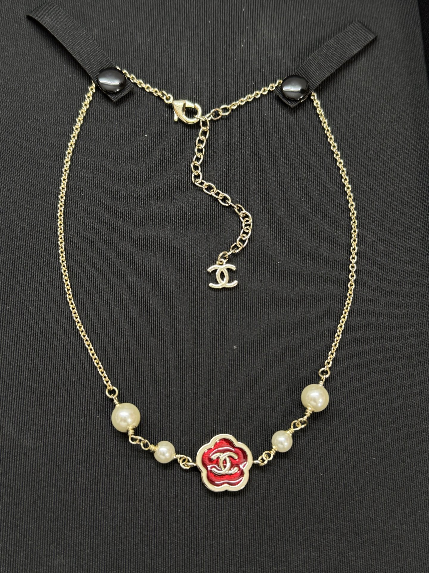 CHANEL Necklace Red Flower Pearl Gold Chain