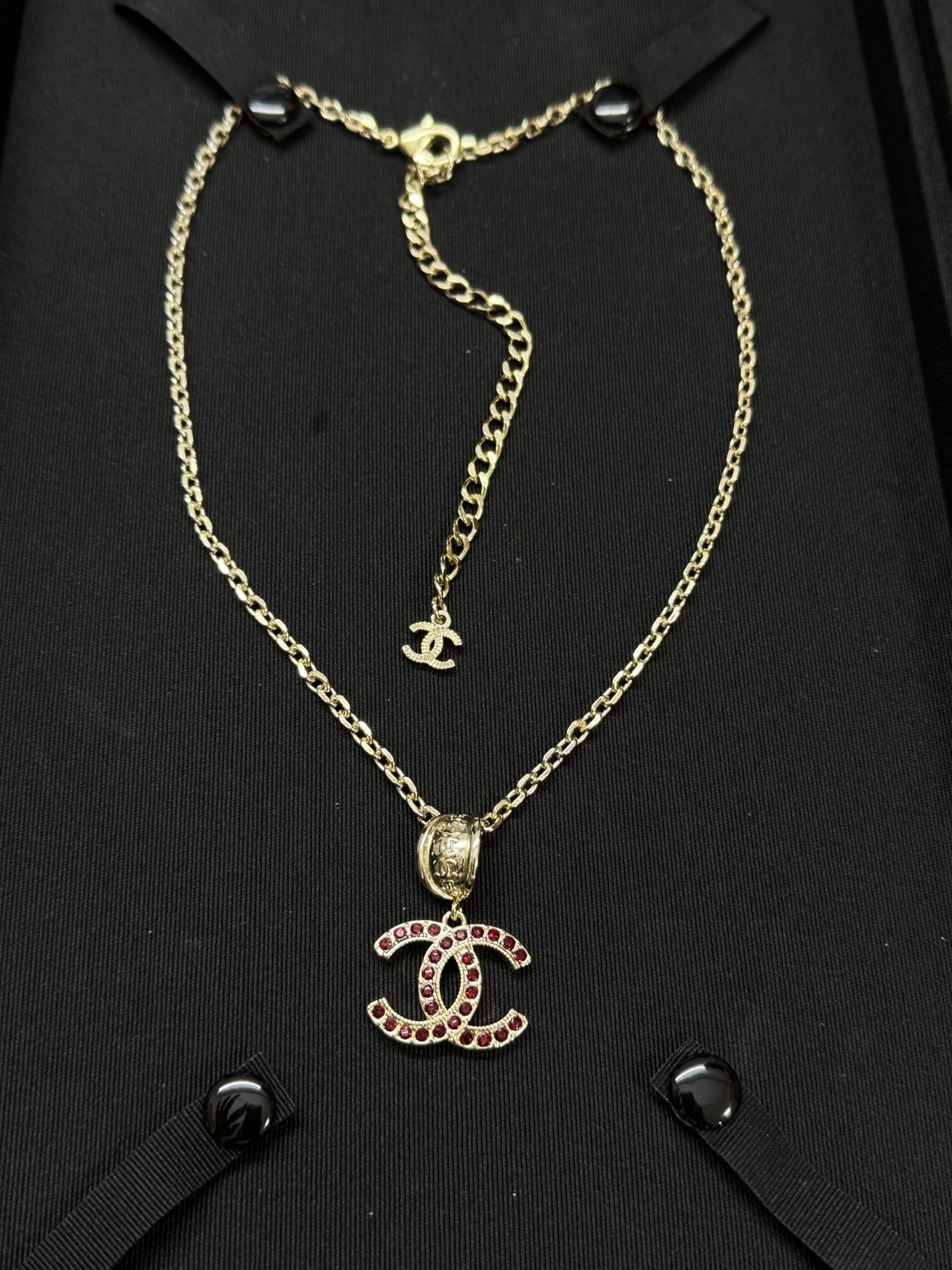 CHANEL Necklace Red Brown Rhinestone Embossed Semicircle Double C
