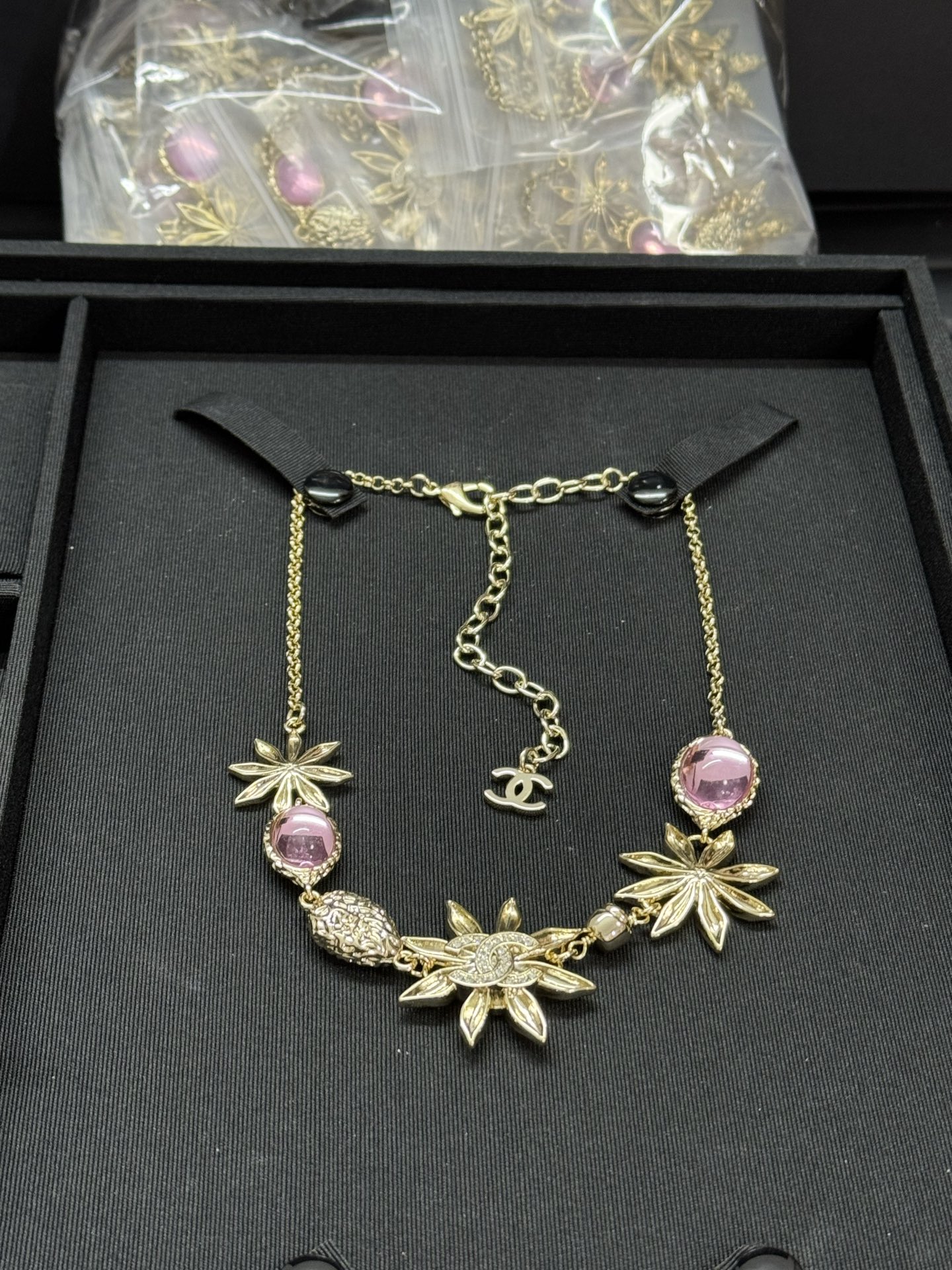 CHANEL Necklace Gold Pink Diamond Octagonal Sunflower