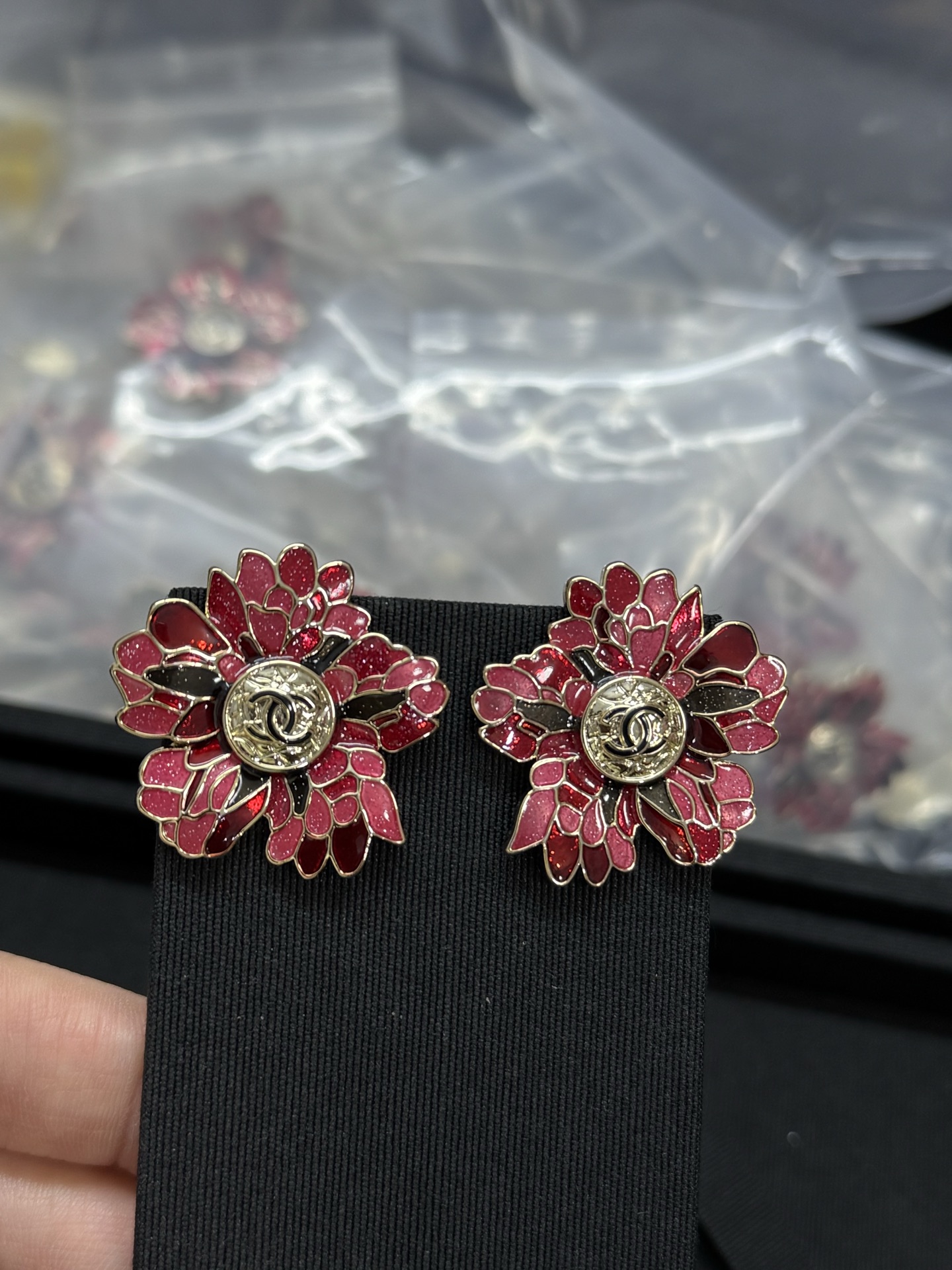 CHANEL Earrings Red Flower Enamel Double C