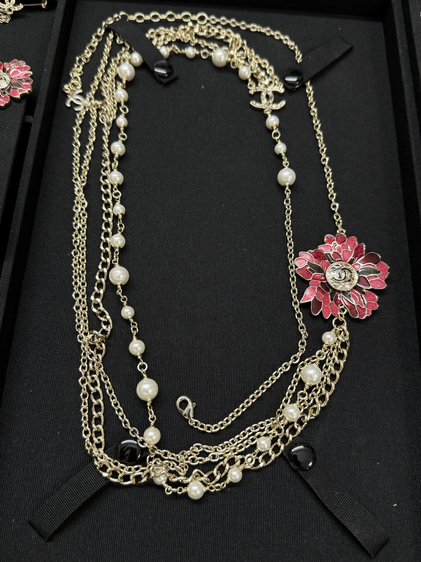 CHANEL Necklace Red Flower Multi-Layer Pearl Sweater Chain