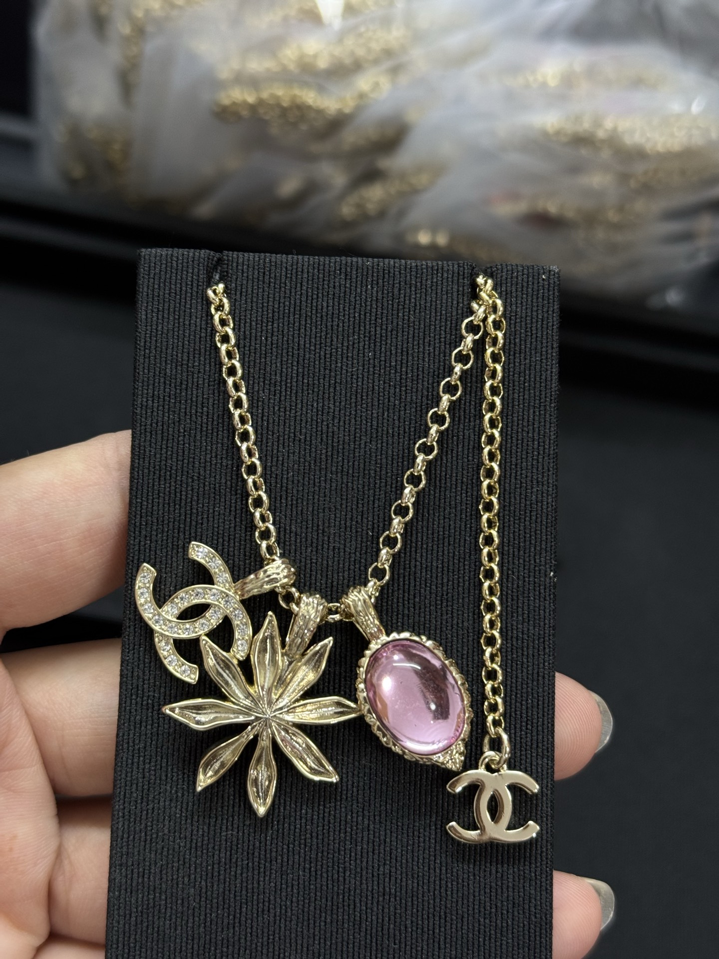 CHANEL Necklace Double C Sunflower Pink Diamond Pendant