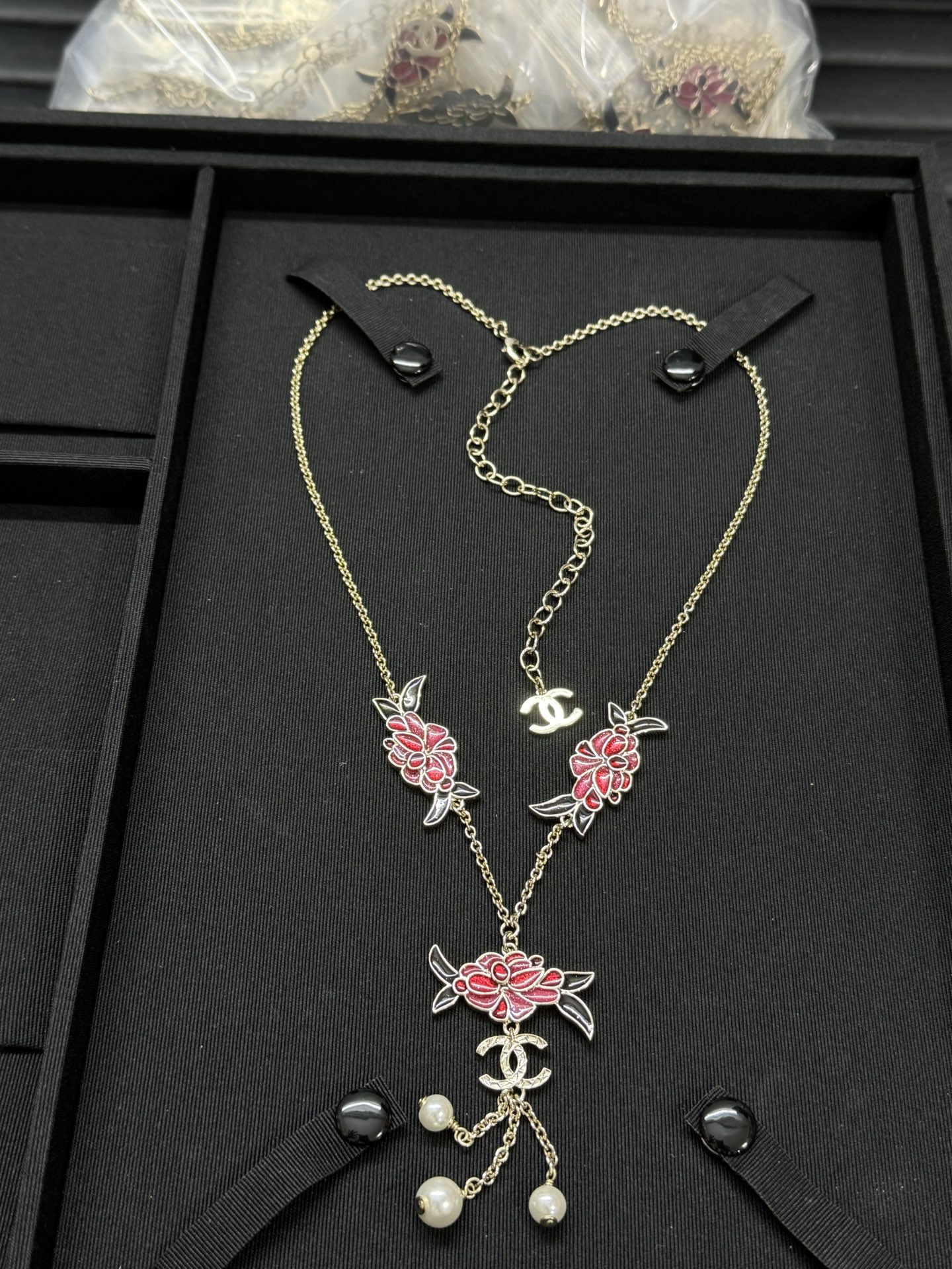 CHANEL Necklace Red Flower Tassel Sweater Chain