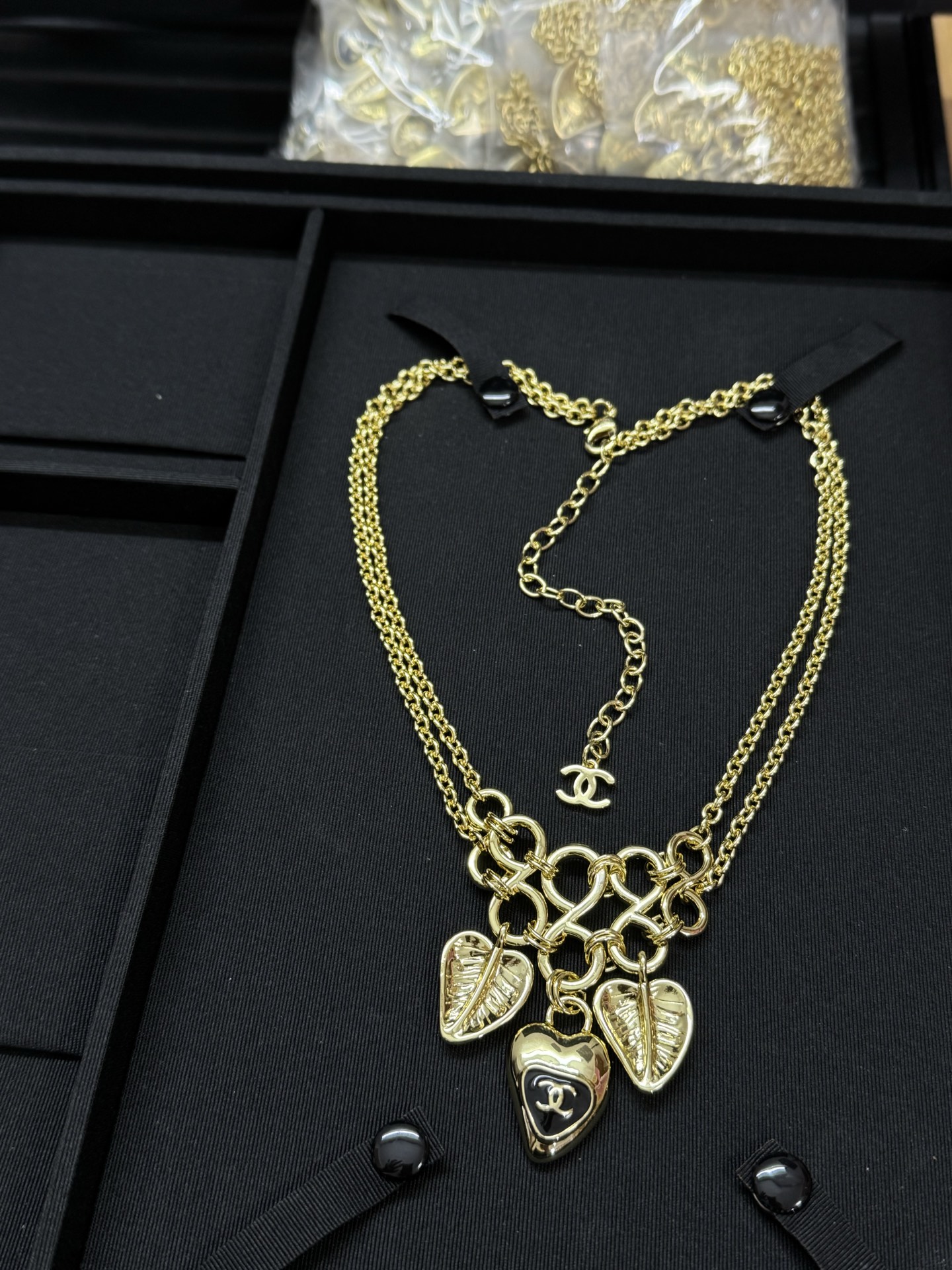 CHANEL Necklace Double Layer Heart Leaf Black Gold
