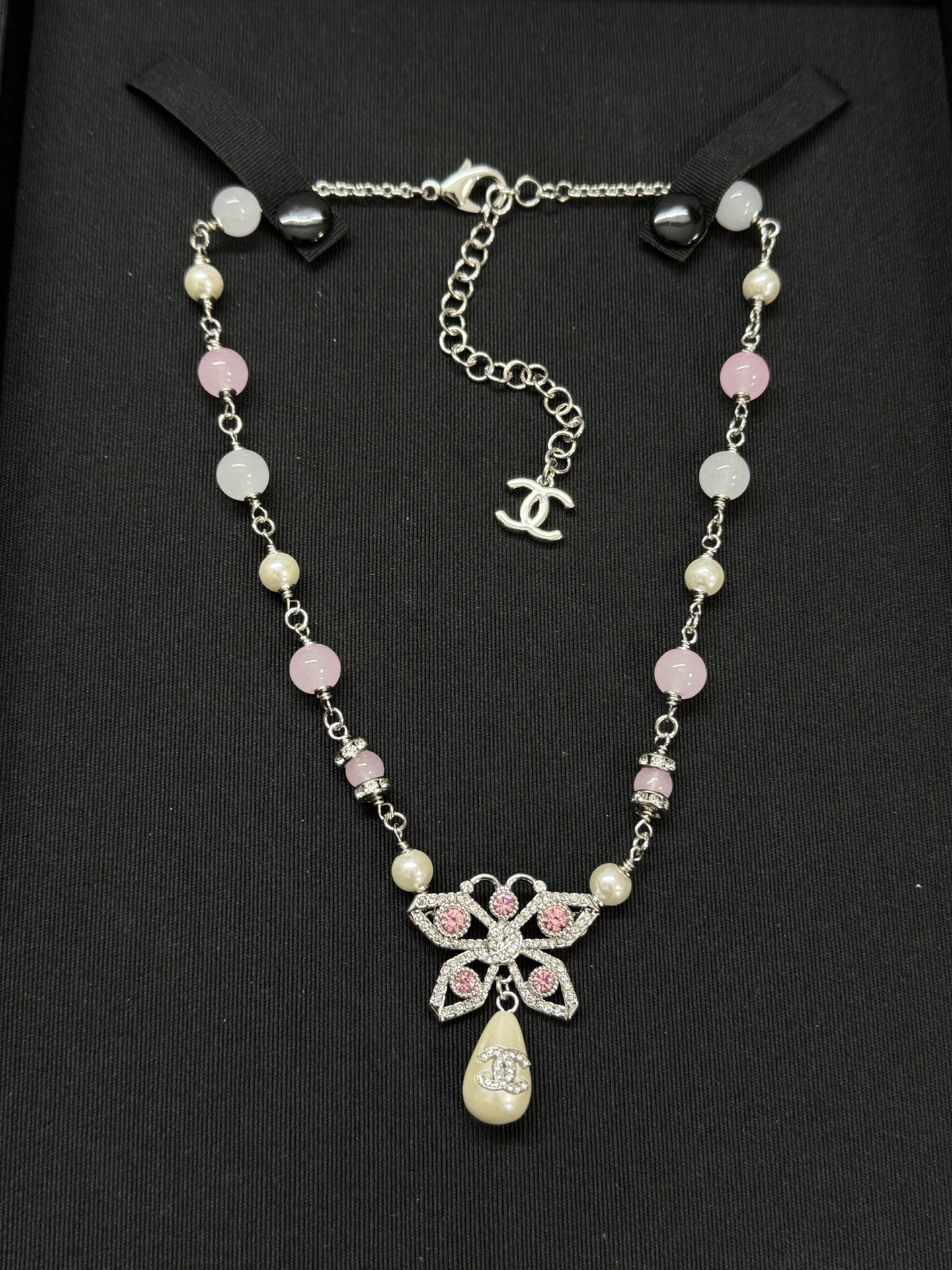 CHANEL Necklace Pink Beads Butterfly Pearl