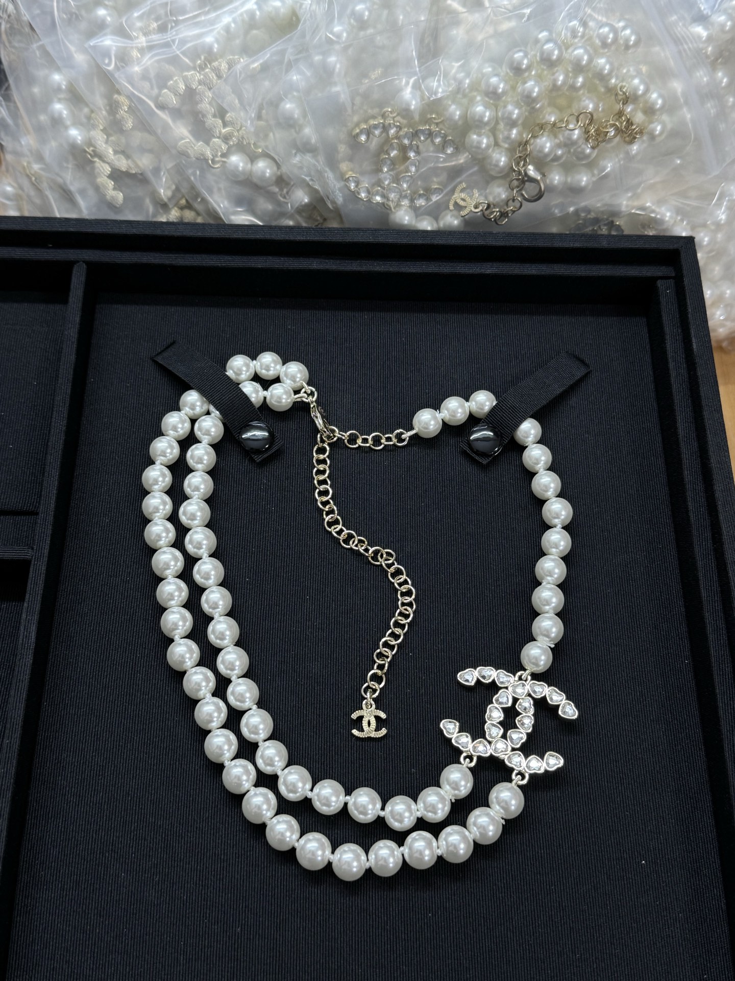 CHANEL Pearl Rhinestone Heart Double-Layer Necklace