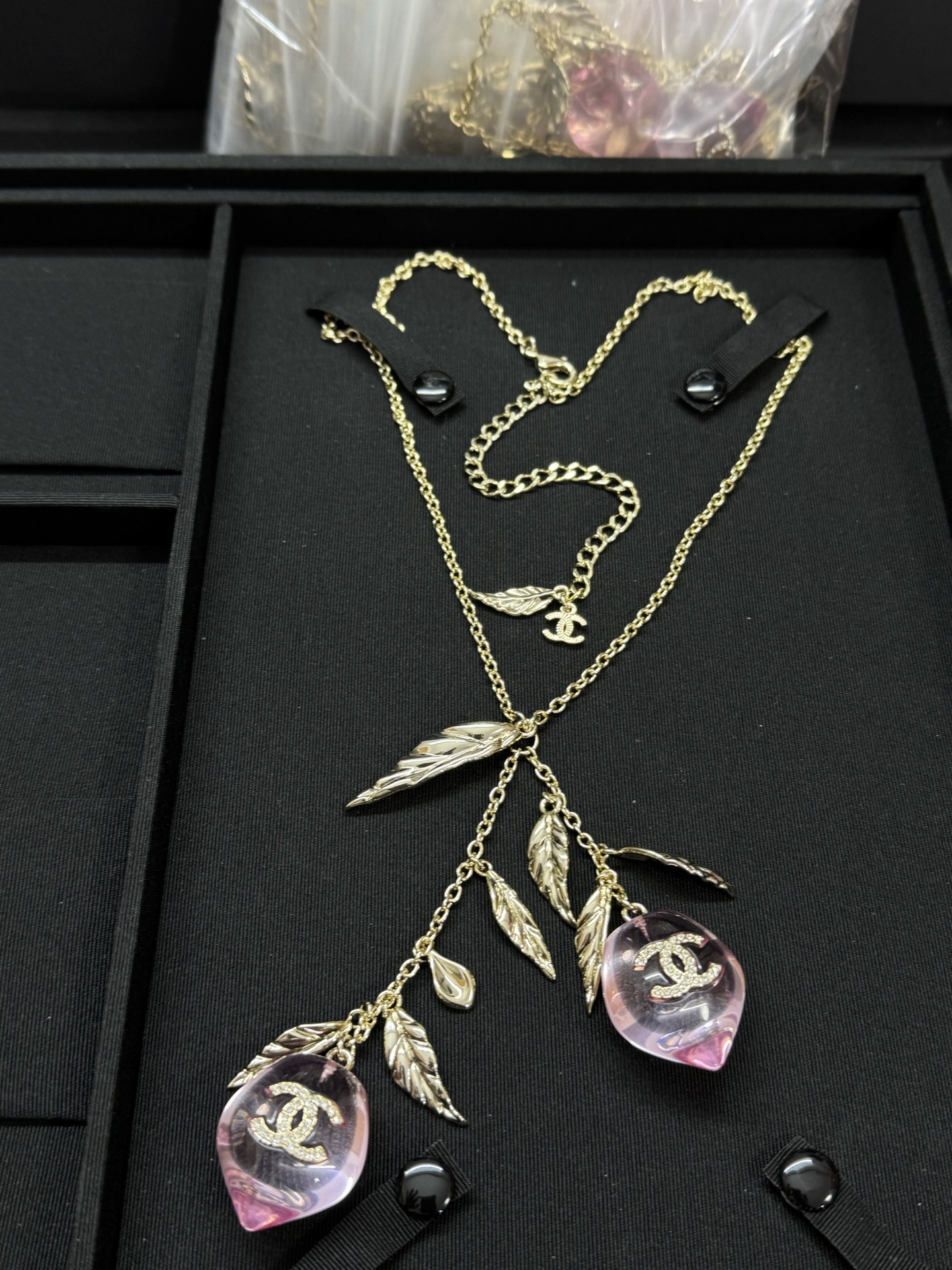 CHANEL Necklace Long Pink Rhinestone Leaf