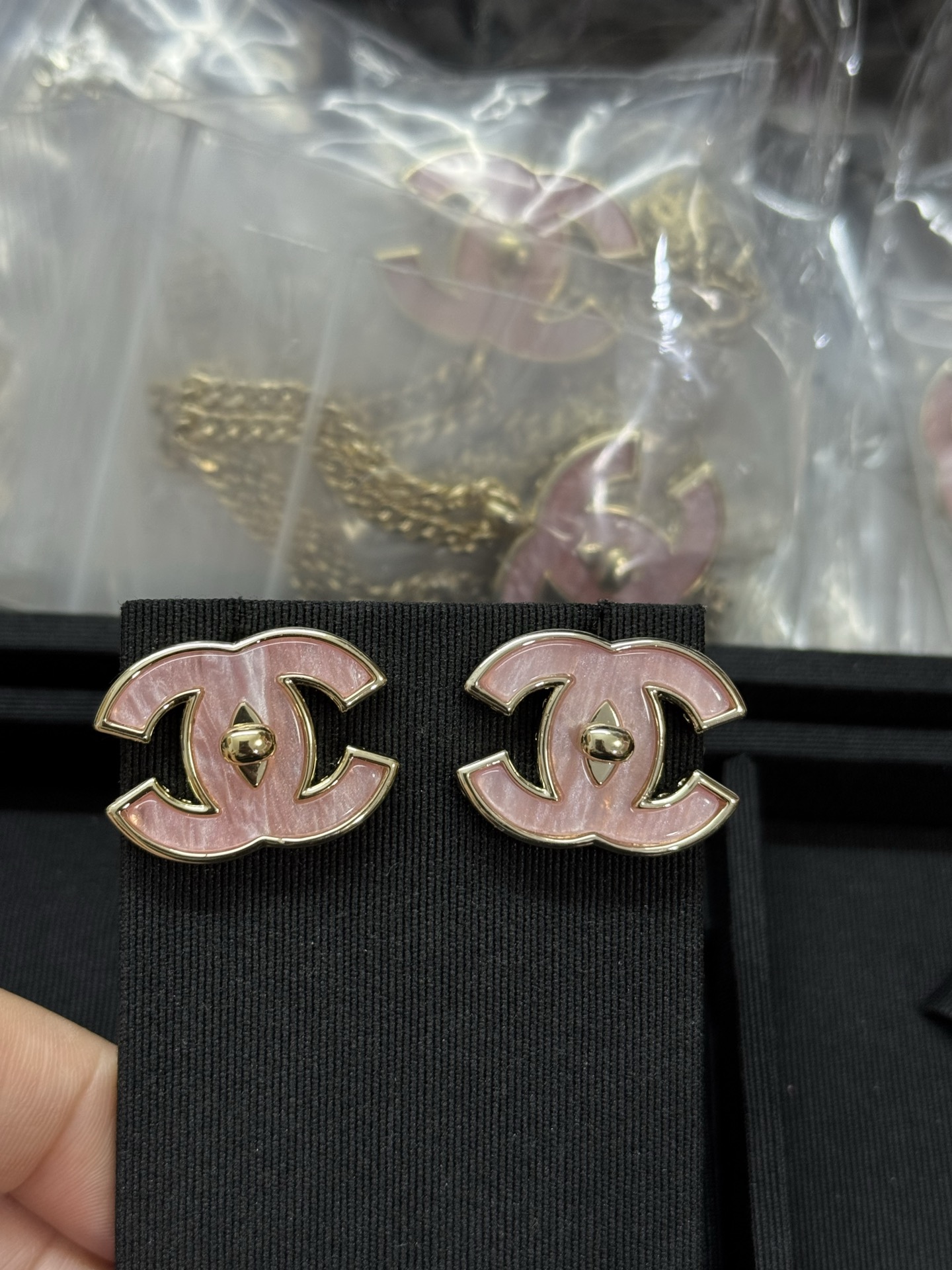 CHANEL Earrings Pink Resin Double C Pendant