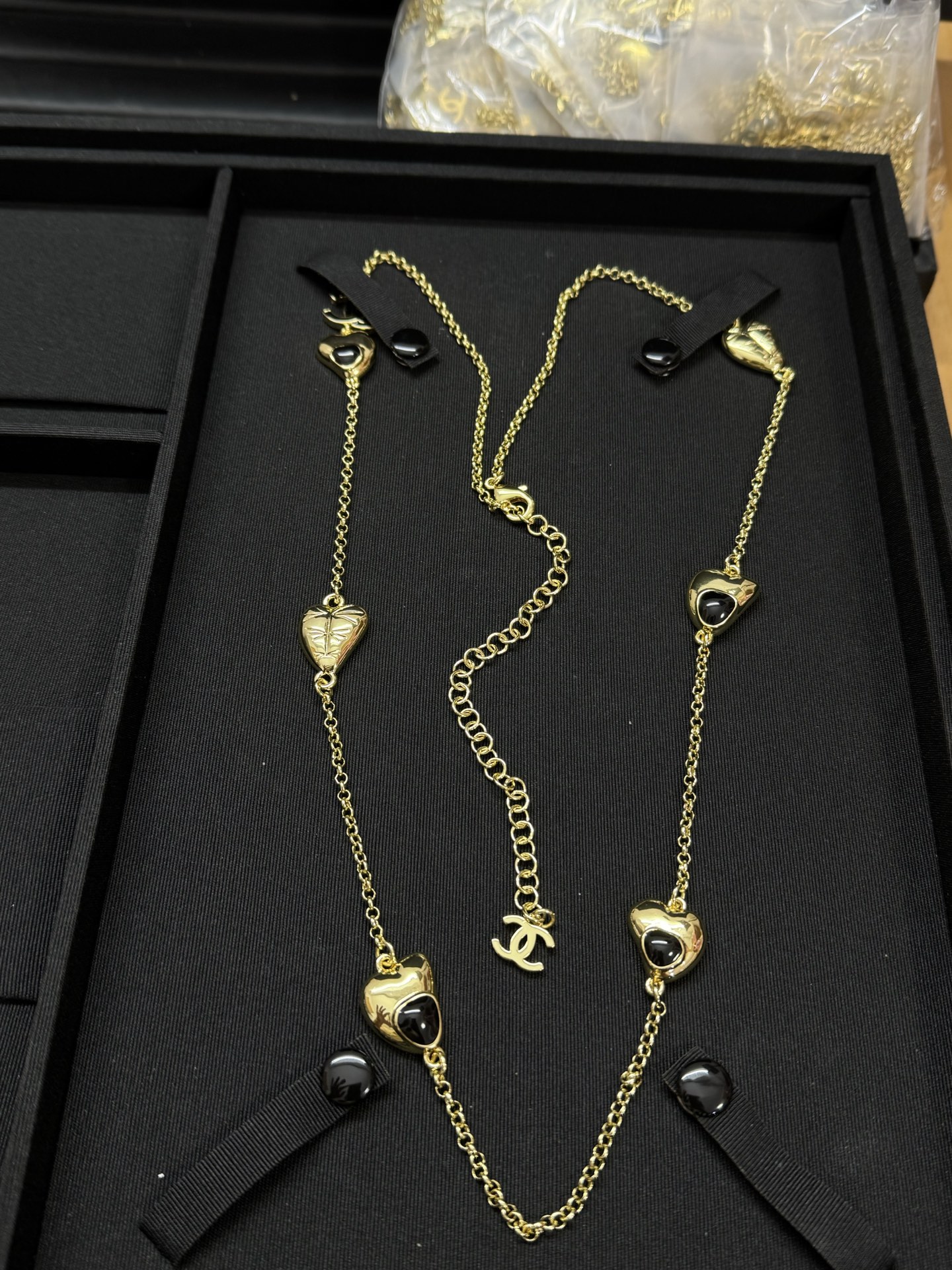 CHANEL Long Necklace Black Gold Heart Enamel Sweater Chain