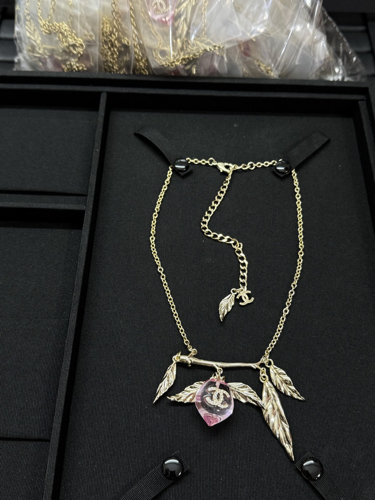 CHANEL Necklace Gold Leaf Pink Peach