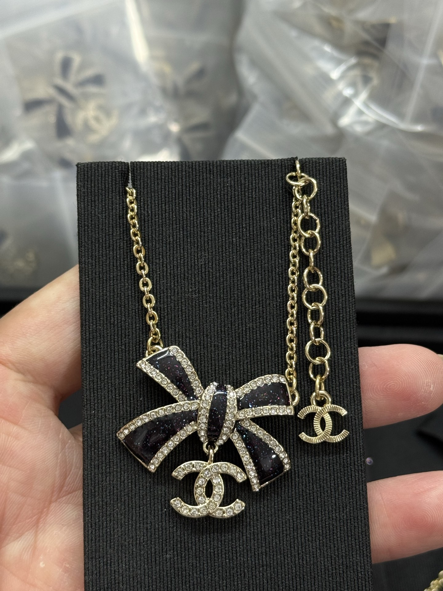 CHANEL Necklace Bow Double C Pendant with Diamonds