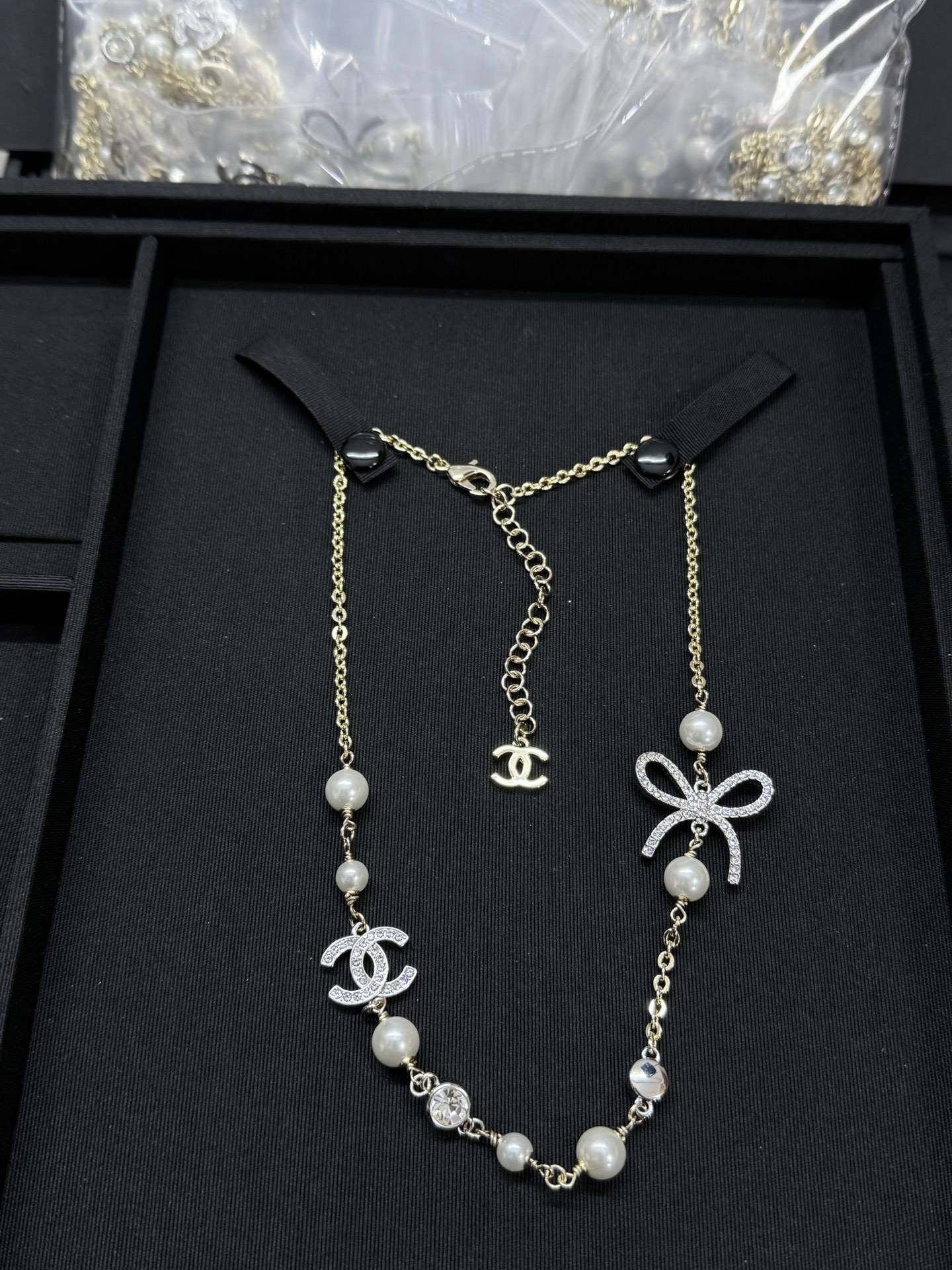 CHANEL Necklace Bow Double C Pearl
