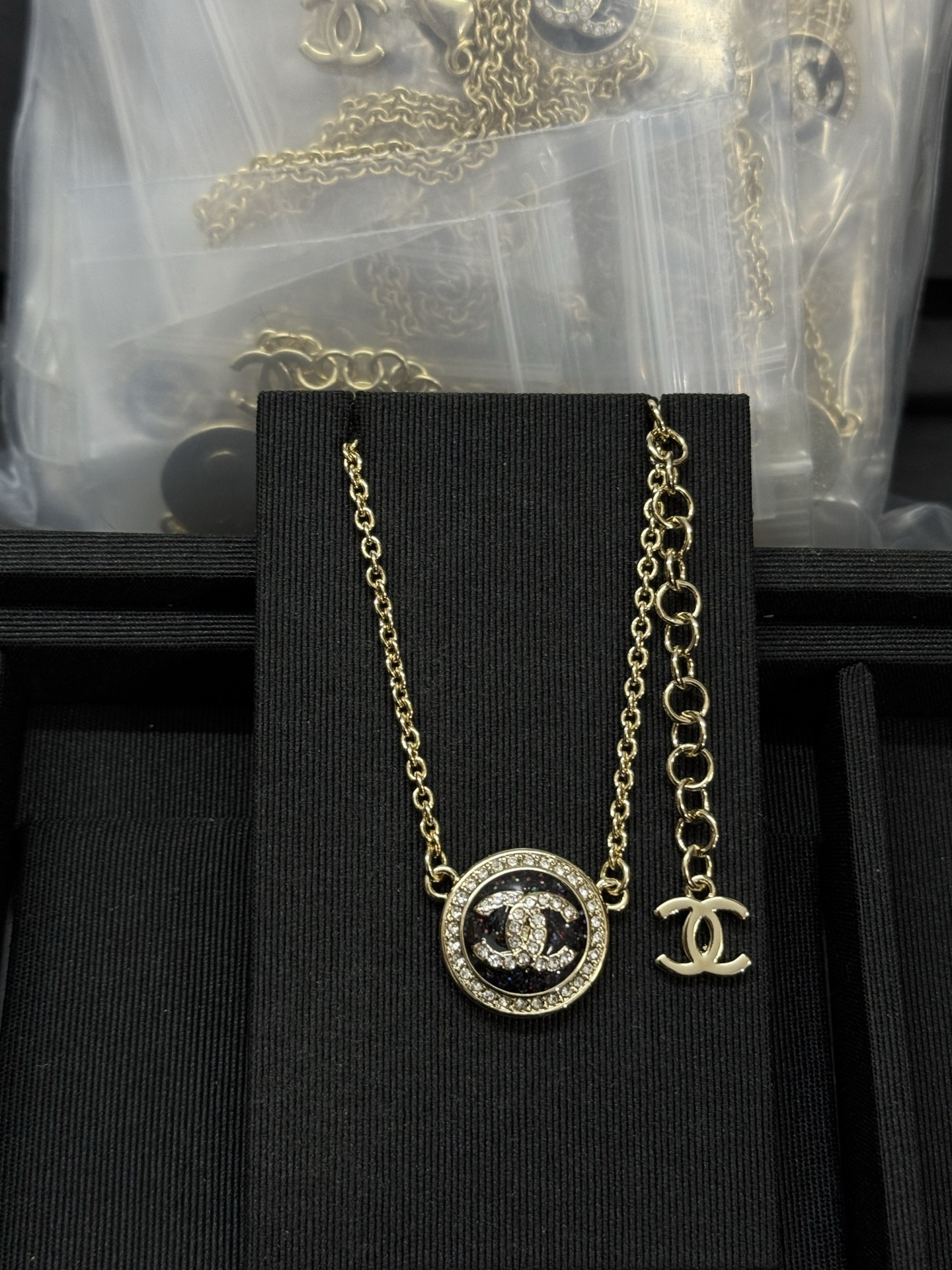 CHANEL Necklace Black Resin Full Diamond Round