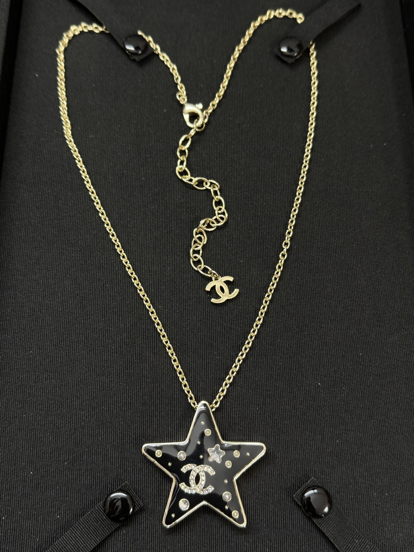 CHANEL Necklace Black Resin Five-Pointed Star Double C Pearl