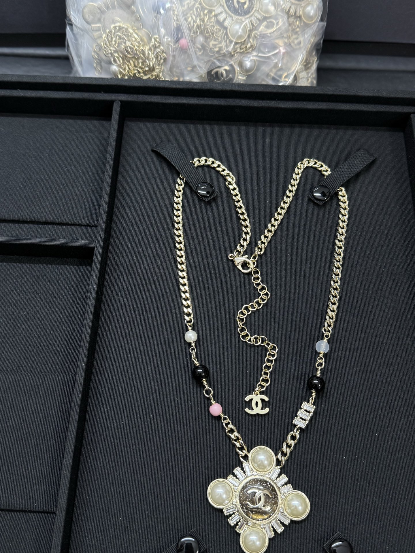 CHANEL Necklace Resin Pearl Square Rhinestone Cross