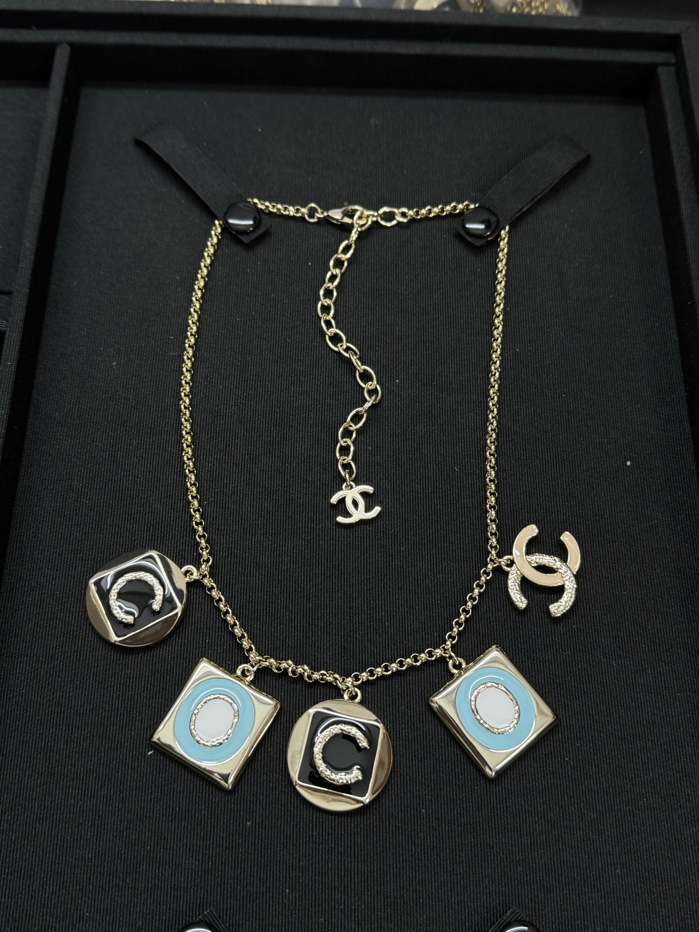 CHANEL Necklace Enamel Geometric Letter Color Block