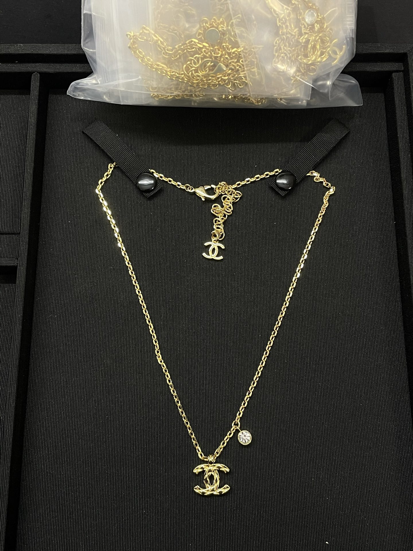 CHANEL Necklace Gold Quilted Crystal Double C